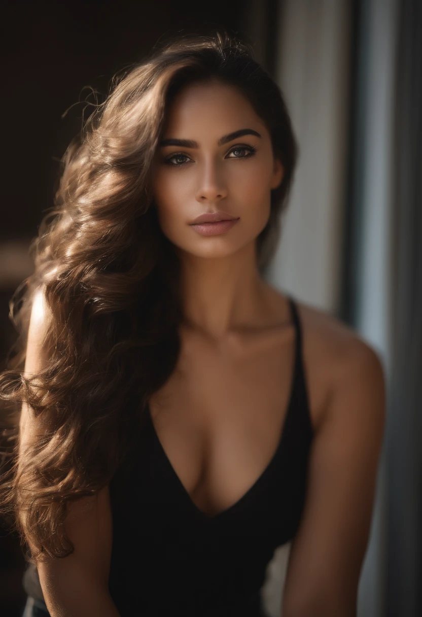 Photo of a 22-year-old Latina girl, .RAW, beautiful woman, ( long wavy black hair), grosse poitrine , ((portrait)), ((Detailed face: 1.2)), ((Detailed facial features)), (finely detailed skin), pale skinned, Highly detailed deep-neckline skin-tight leather shorts with white top , Environment of megacities, (couleurs froides), humide, humide, reflections, (Masterpiece) (proportion parfaite)(photo realist)(Best quality) (Detailed) photographed on a Canon EOS R5, Objectif 50mm, f/2.8, Hdr, (8k) (wallpaper) (lighting cinematic) (dramatic lighting) (mise au point nette) (complexe) , visage avec baiser soufflant , A very beautiful woman . Avec du style