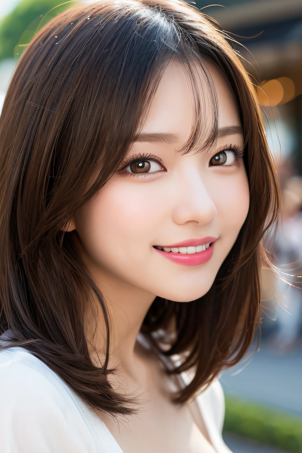 masutepiece、Best Quality、Illustration、 ultra-detailliert、hight resolution、8K Wallpapers、Perfect dynamic composition,、Beautiful detailed eyes、Women's Fashion Summer、Medium Hair、(Beautiful Large Breasts:1.3)、Natural Color Lip、Bold sexy poses、Smile、Harajuku、20 years girl、Cute、Sexy shot looking at camera