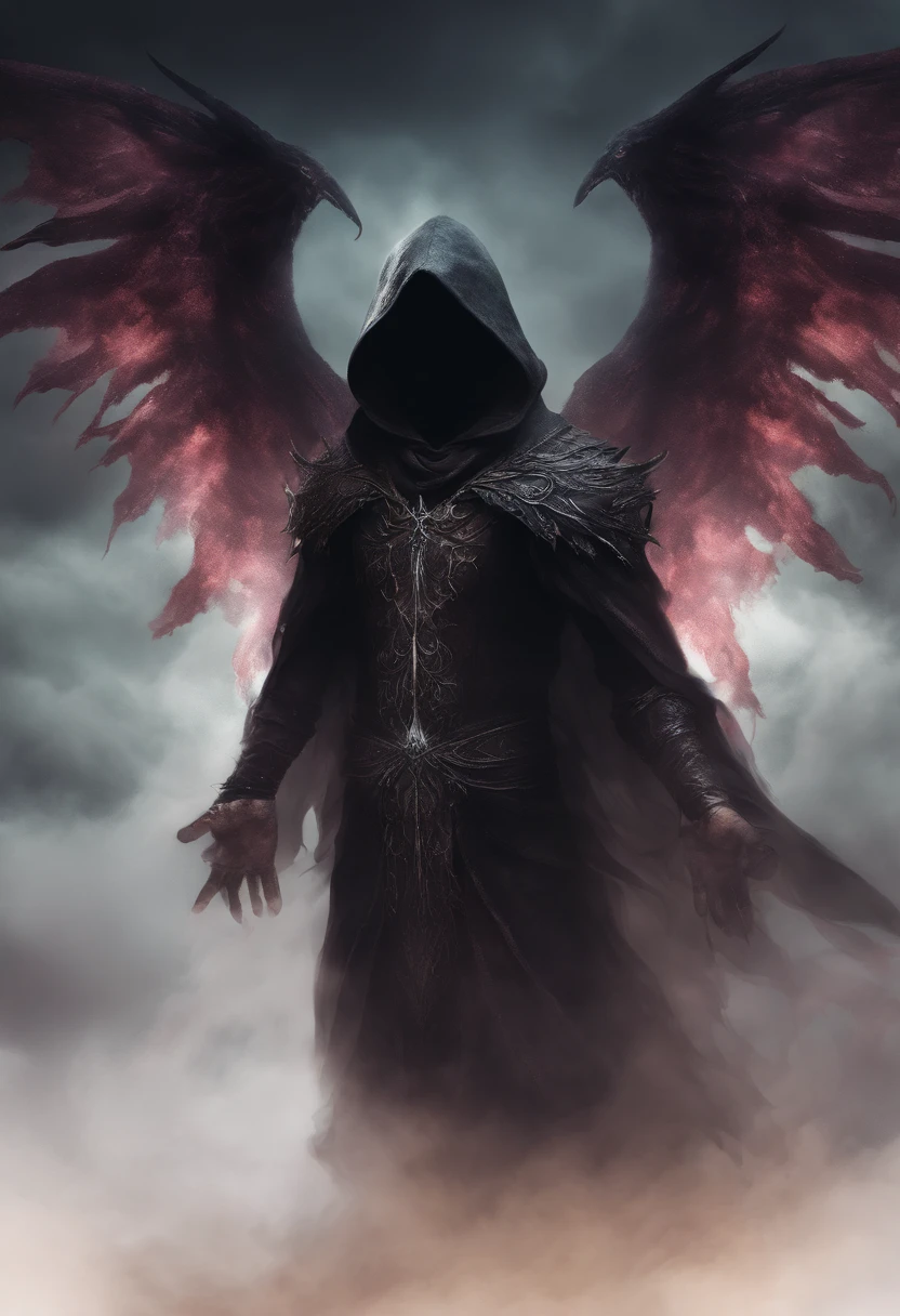 A high-fantasy horror portrait of a hooded shadowy celestial being with luminous, glowing, spectral wings coming out of its back. He is surrounded by dark necrotic clouds, fog and mist. Eldritch energy surrounds his hands.