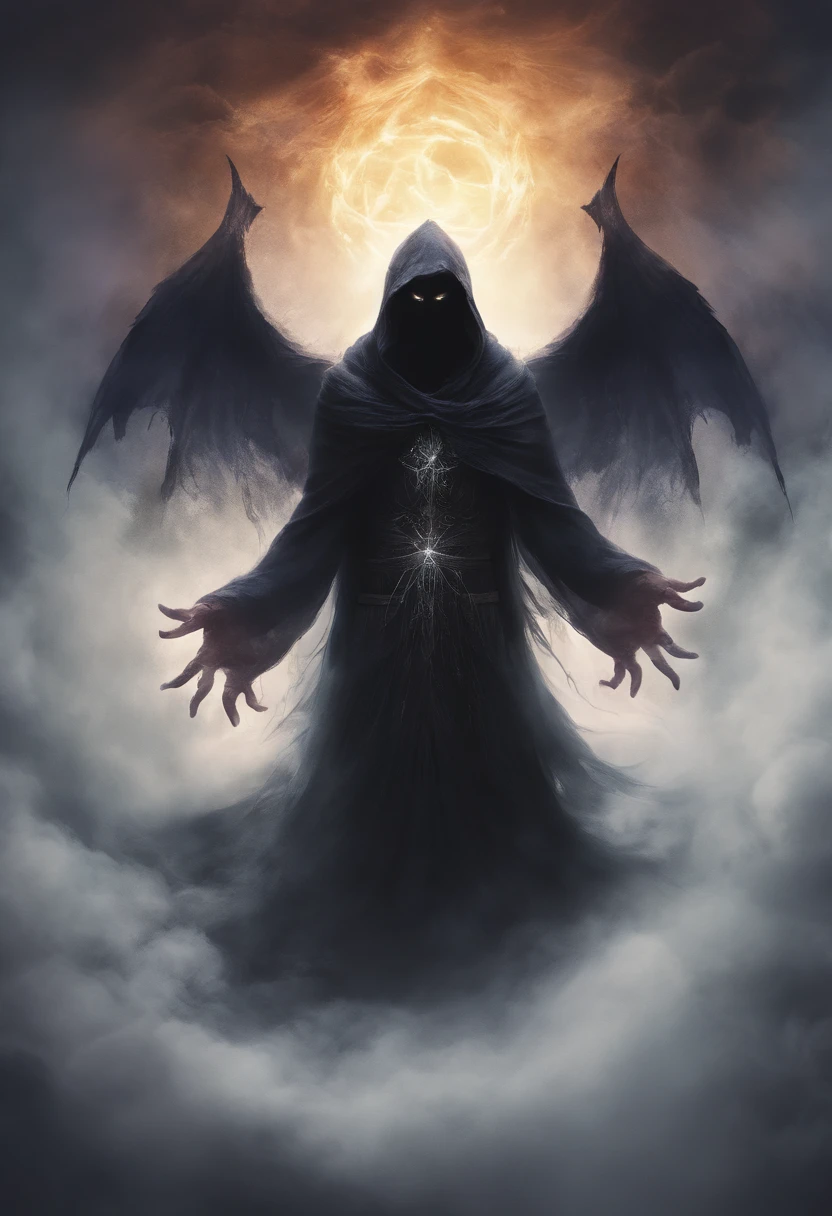 A high-fantasy horror portrait of a hooded shadowy celestial being with luminous, glowing, spectral wings coming out of its back. He is surrounded by dark necrotic clouds, fog and mist. Eldritch energy surrounds his hands.