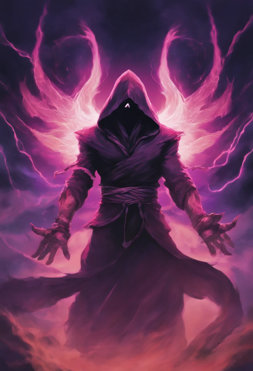 A high-fantasy horror portrait of a hooded shadowy celestial being with luminous, glowing, spectral wings coming out of its back. He is surrounded by dark necrotic clouds, fog and mist. Eldritch energy surrounds his hands.
