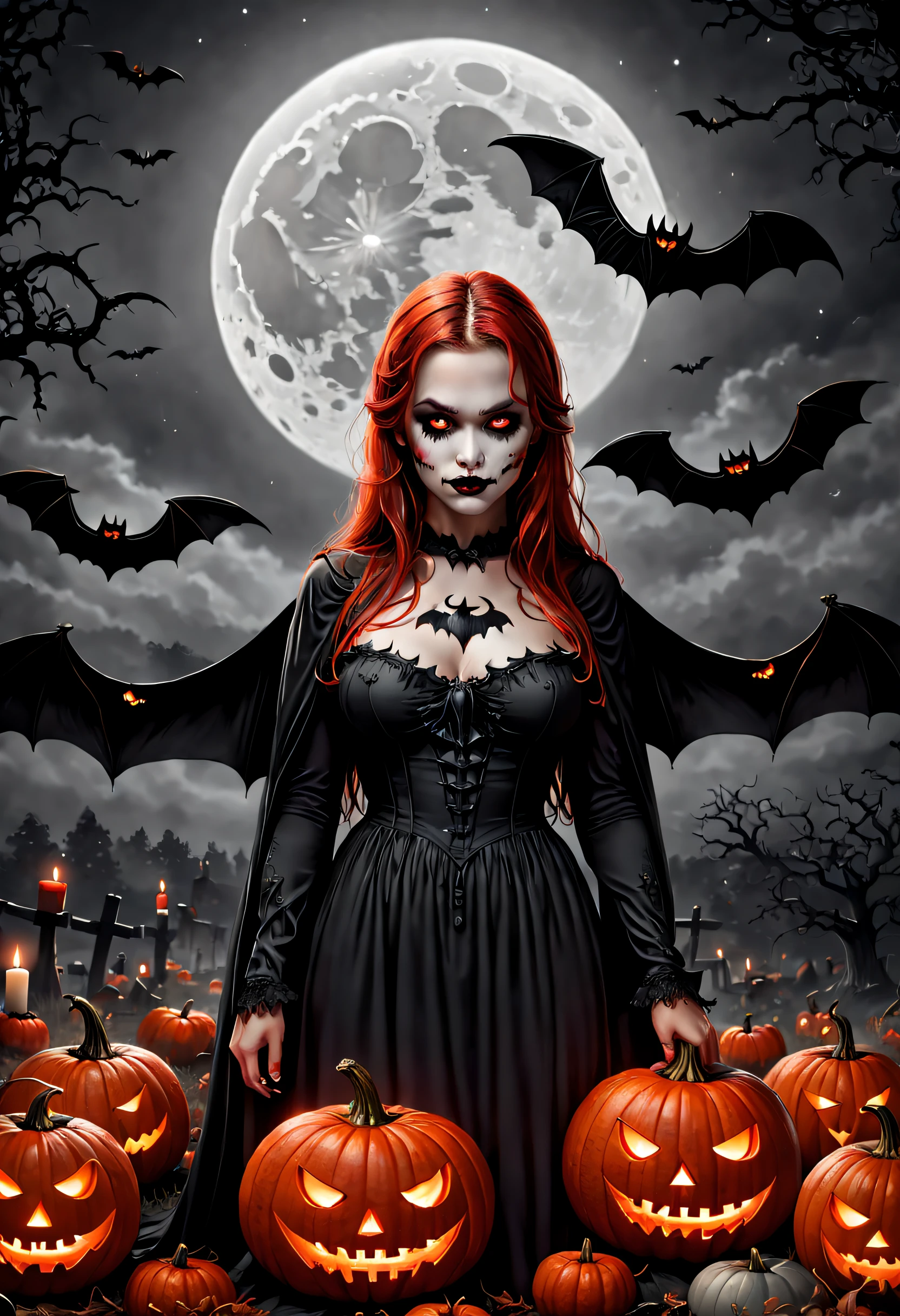 (Best quality,4K,8K,A high resolution,Masterpiece:1.2),Ultra-detailed,(Realistic,Photorealistic,photo-realistic:1.37),The art of segmentation，1girll，Red Moon，borgar，pumpkins，the bats，(Black and white:1.1),(Halloween:1.1),1 candle，silence，devout，sorrowful,Funeral，