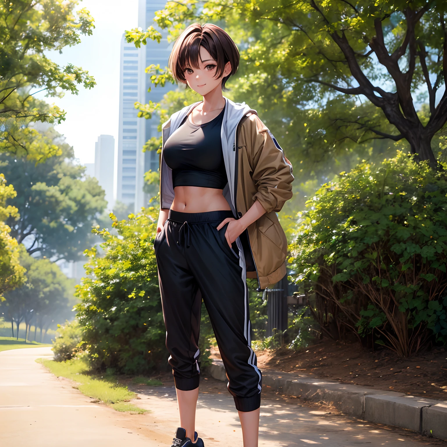 Sexy 1Girl in a park, brown short hair, brown eyes, open blue jacket, standing on a dirt trail, black jogging shorts,black jogging crop top, white tennis shoes, white earbuds, posing for a photographer,  slight smile