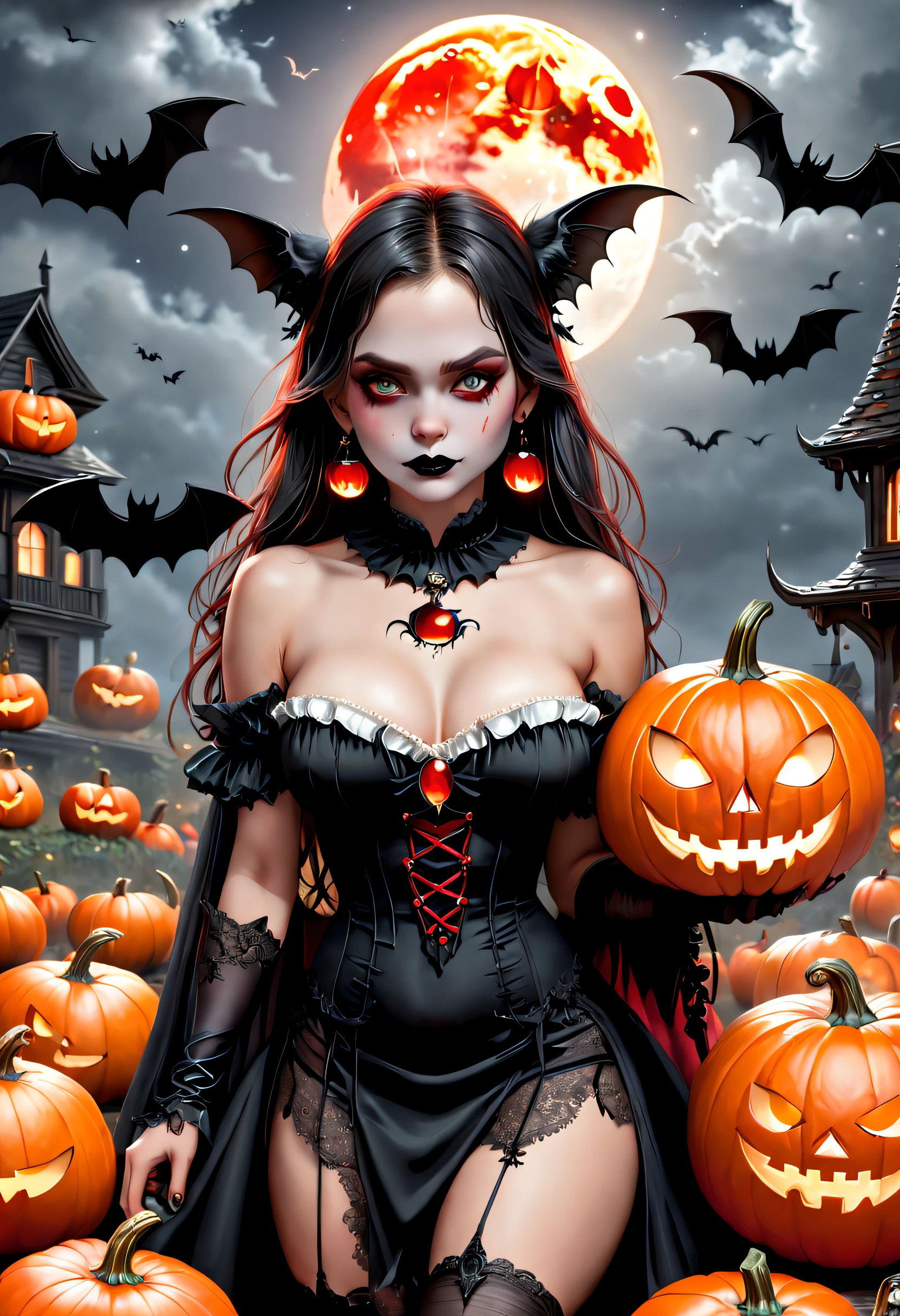 (Best quality,4K,8K,A high resolution,Masterpiece:1.2),Ultra-detailed,(Realistic,Photorealistic,photo-realistic:1.37),The art of segmentation,1girll,Red Moon,borgar,pumpkins,the bats,Best quality,A high resolution,Masterpiece:1.2),(Black and white:1.1),(Halloween:1.1),1 candle,silence,devout,Mourning,sorrowful,Reminisce about the past,(Funeral costumes,Black mourning dress),Funeral,