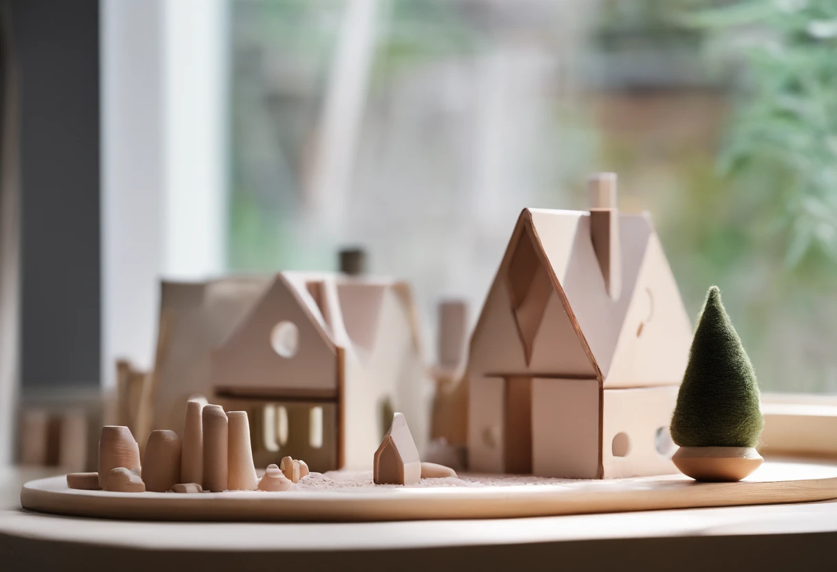There are clay dolls by the window in the house，There are beautiful embroideries on the table，eventide，Peaceful and nice