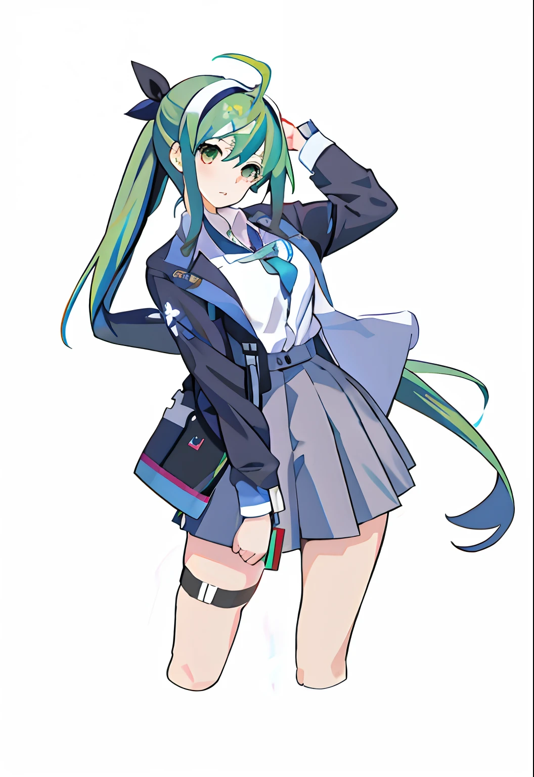 anime girl in a school uniform posing for a picture, mikudayo, Anime moe art style, Kantai collection style, official character art, Anime girl with green hair, Black pick dye，long whitr hair，Tie a ponytail, Beautiful Anime High School Girls, Marin Kitagawa fanart, zerochan art, 《Ghost Wind Special Assault Team》The art of pixels, rei hiroe, The black butterfly ends with a headband