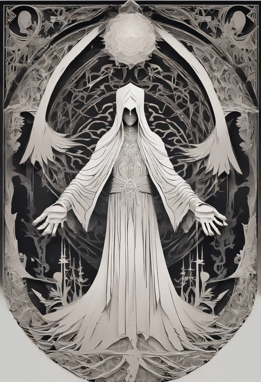 A high-fantasy horror portrait of a hooded shadowy celestial being with luminous, glowing, spectral wings coming out of its back. He is surrounded by dark necrotic clouds, fog and mist. Eldritch energy surrounds his hands.