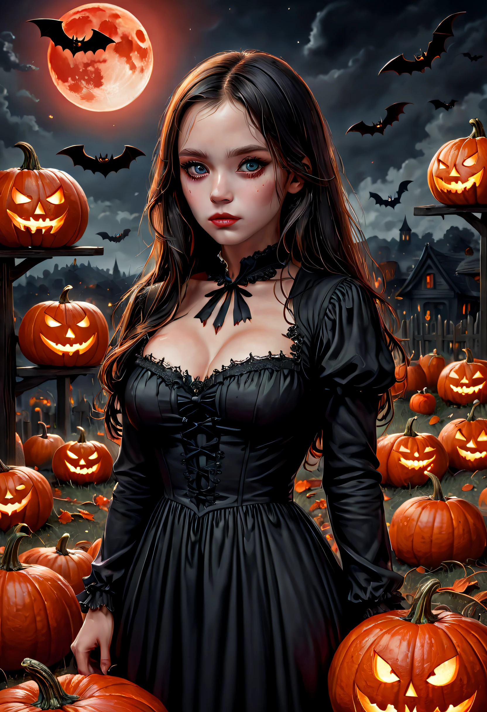 (Best quality,4K,8K,A high resolution,Masterpiece:1.2),Ultra-detailed,(Realistic,Photorealistic,photo-realistic:1.37),The art of segmentation，1girll，Red Moon，borgar，pumpkins，the bats，Best quality,A high resolution,Masterpiece:1.2),(Black and white:1.1),(Halloween:1.1),1 candle，silence，devout，Mourning,sorrowful,Reminisce about the past,(Funeral costumes,Black mourning dress),Funeral，