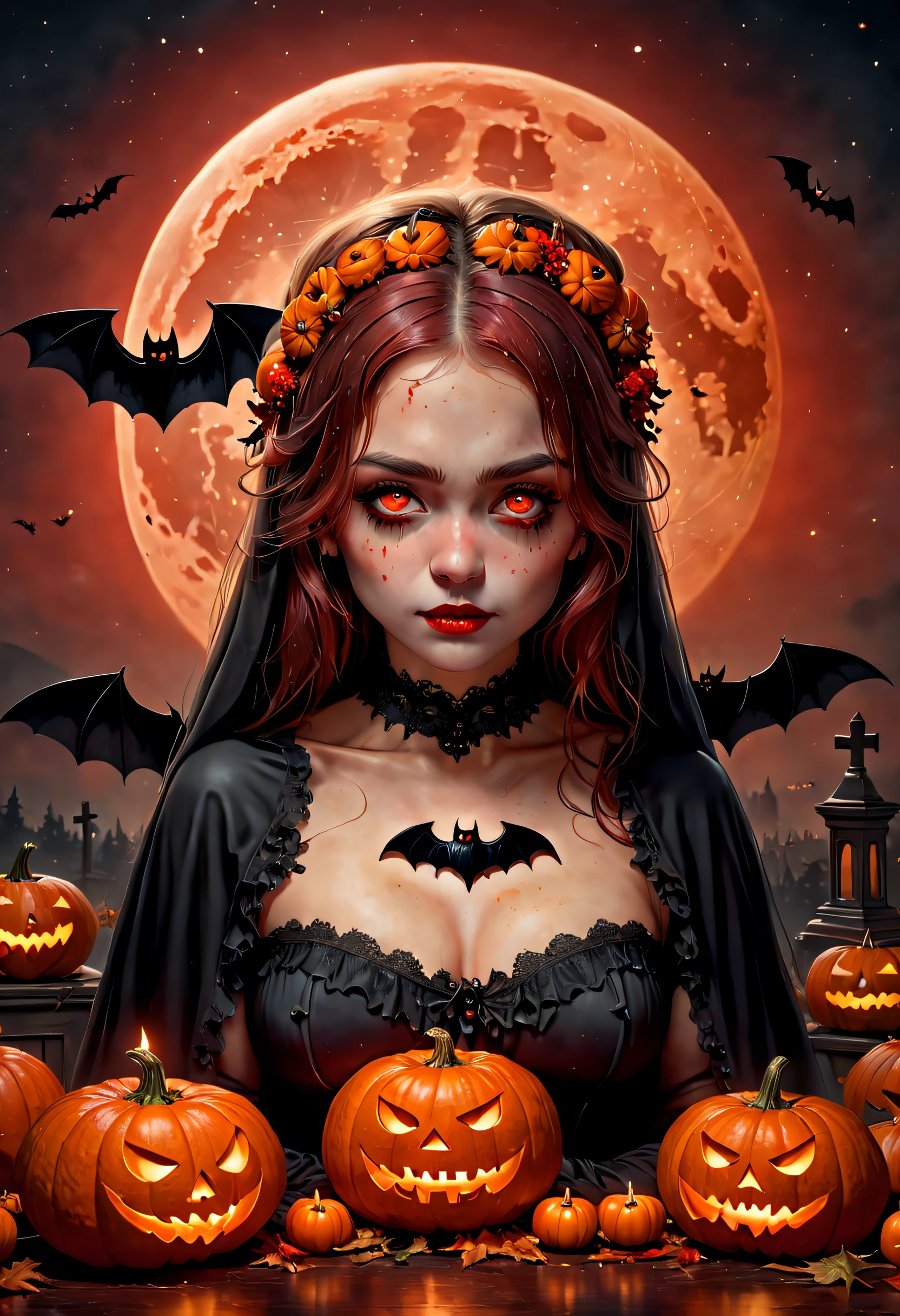 (Best quality,4K,8K,A high resolution,Masterpiece:1.2),Ultra-detailed,(Realistic,Photorealistic,photo-realistic:1.37),The art of segmentation,1girll,Red Moon,borgar,pumpkins,the bats,Halloween elements,Mourning,sadness,faded memories,Funeral, waxy candles,memorial,The composition is simple and reasonable