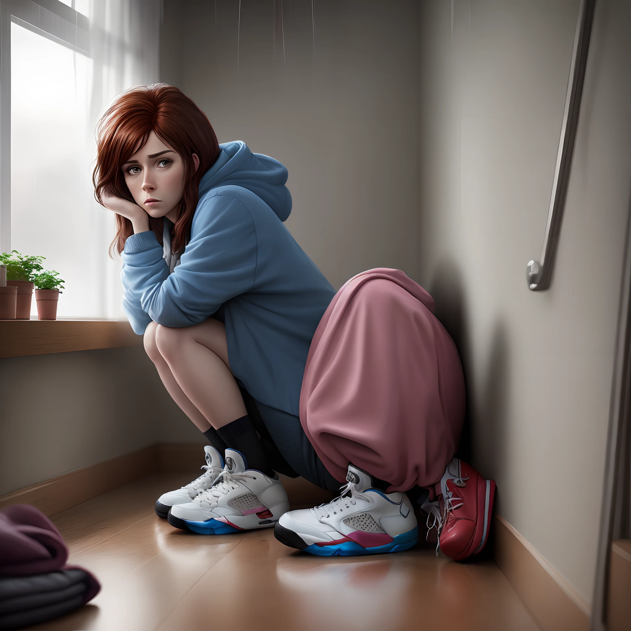 hyper realistic Lois Griffin in her room sitting on his bed while it's raining outside the window and he looks sad wearing Jordan 5’s and a dark hood