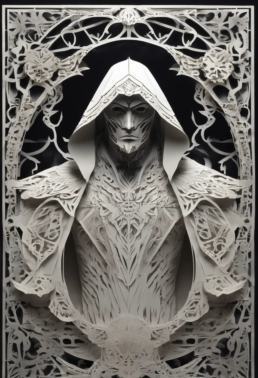 A high-fantasy portrait of a hooded god-like celestial being with luminous, glowing, spectral wings coming out of its back. He is surrounded by dark necrotic clouds, fog and mist. Eldritch energy surrounds his hands.
