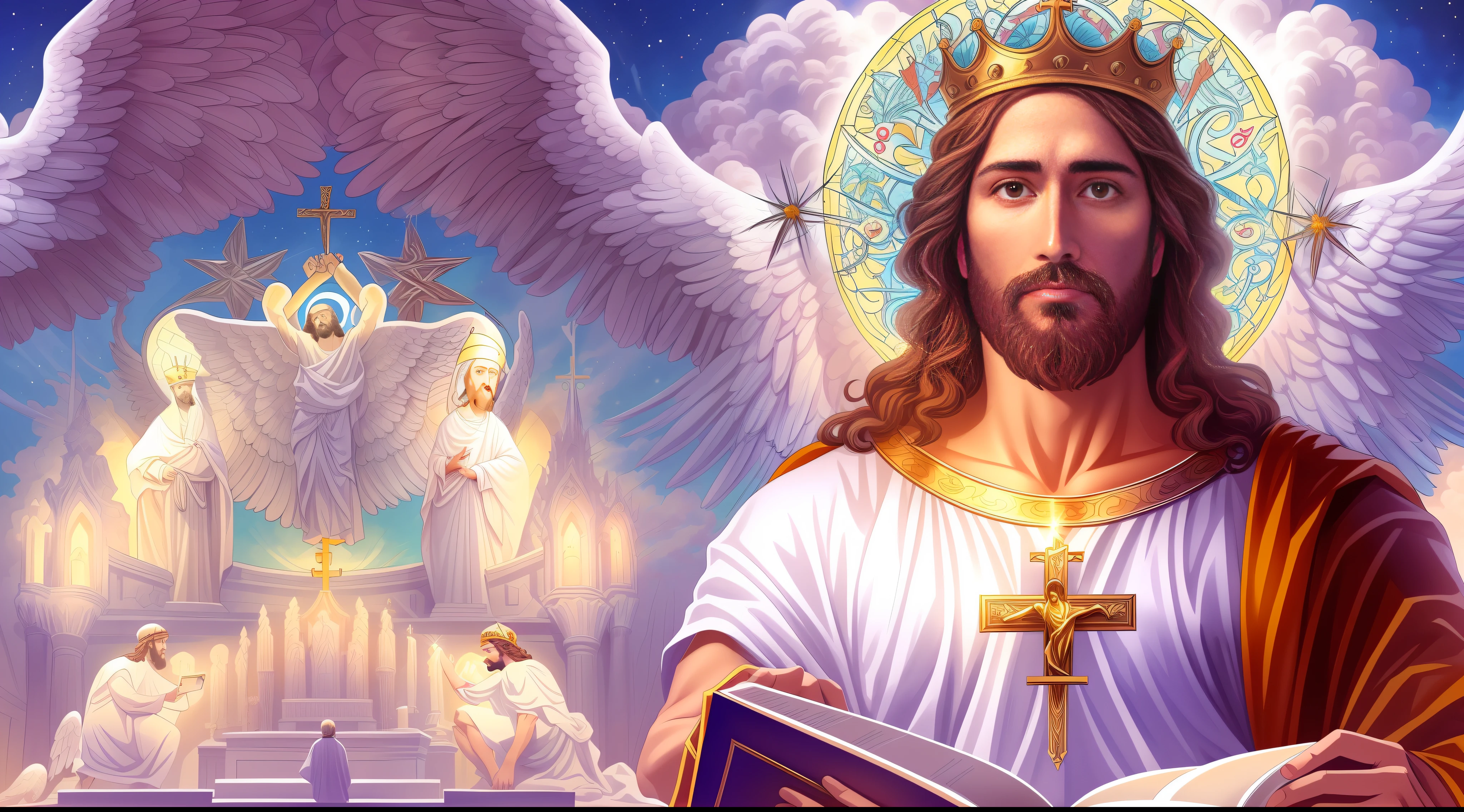 image of Jesus Christ with a crown of thorns on his head and a book WITH A HOLY BIBLE COVER, Retrato de um Deus Celestial, Jesus Cristo, Jovem Deus Todo-Poderoso, reino divino dos deuses, Rei dos Reis, deus divino, biblical accurate angel, Retrato de Jesus Cristo, Jesus, KING of Heaven, imagens sagradas, imagens religiosas, bible illustration, arte conceitual de deus, fan art, catholic religious art