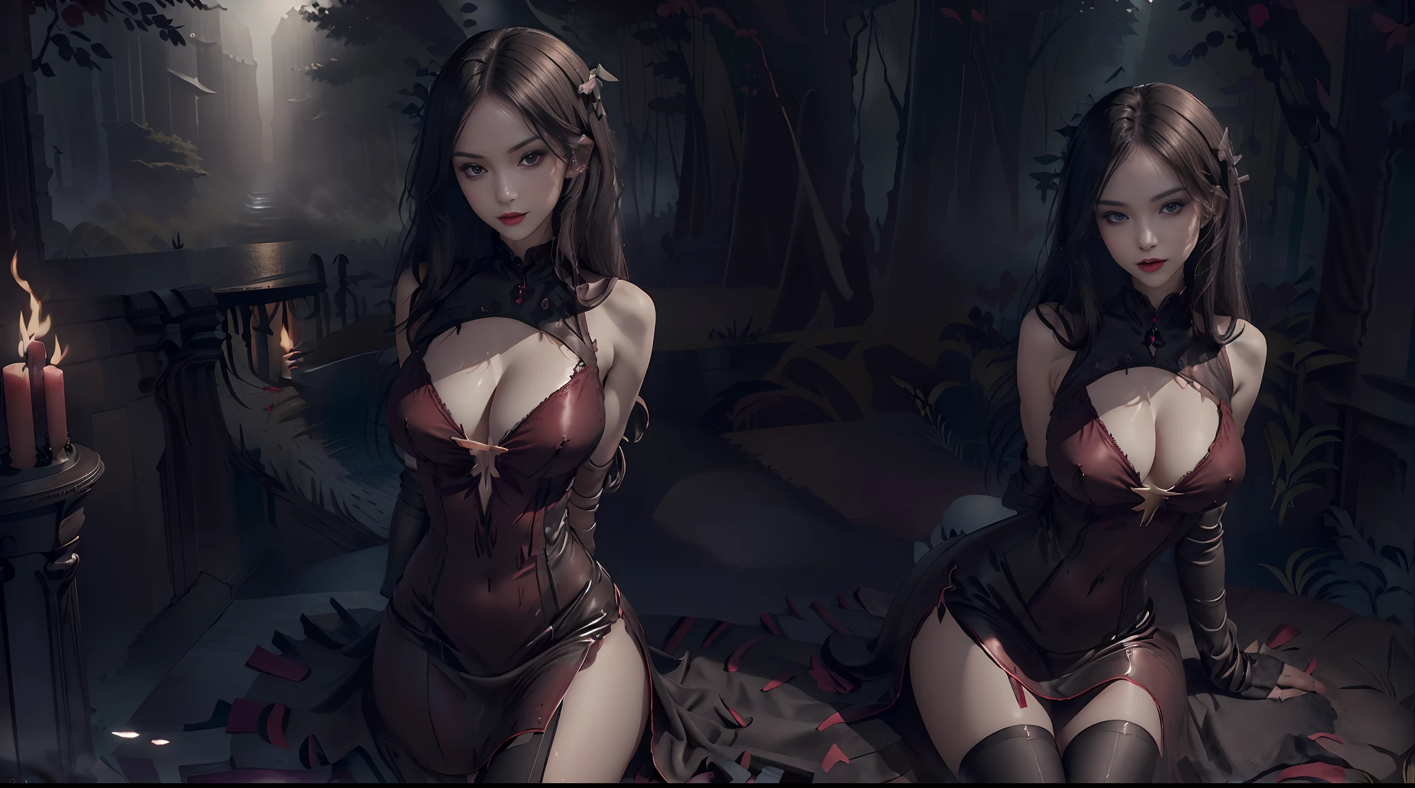 (beste-Qualit, 4K, Masterpiece:1.3), beautiful woman, hyper realistic, Jeune fille nue, Jolie vampire, 18 ans, seule, (corps maigre, gros seins, petit cul), (long cheveux raides noir et rouge, luscious red lips, yeux rouges : 1, 3). (robe courte moulante noire Transparente fendu:1, 4), (dress with a plunging neckline:1,4), (Couleur noire avec bordure rouge: 1,3), (ornements rouge), (Red Edging), (dentelle rouge), (talons haut noir). gros seins, vagin parfait, pose sexy, longues jambes fines, jambes nues, hanches fines, (Transparent :1, 4), (Transparent :1, 3), (Short black dress with slit and plunging neckline :1, 3), (fente : 1, 3), (moulante : 1,3), (plunging neckline : 1,3). (assise sur le rebord d'une fontaine de sang), (Vampire Castle Course:1,3), (in the dark night lit by candles :1,3), (boit un verre de vin rouge), (eau rouge:1,3), (pleine lune rouge sang:1,3), (Dark forest around the castle), (Vegetation in the yard:1,3), (lush vegetation), (Colorful vegetation), (bougies noires ), (bougies: 1,3), (Flaming Torches), (flammes rouge), look at the camera. une fille sexy, un visage innocent, un sourire charmant, crossing legs (Soft Red Light, Soft red lighting). highly detailed body, face detailed, detailled eyes, detailed mouth & minora. Detailed dress. detailed scenery. Vampire. Vampire Theme. highly quality