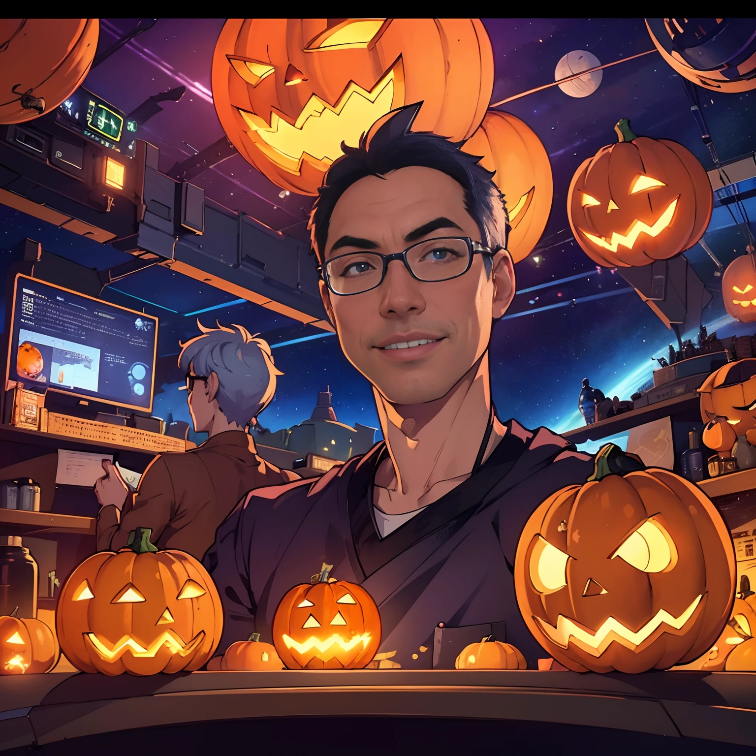 (the Extremely Detailed CG Unity 8K Wallpapers), (masterpiece), (Best Quality), (Ultra-detailed), (Best Illustration), (Best Shadow), Super high resolution, 3dcharacter, (1man kaytee portrait), ((kaytee facing viewer)), ((kaytee 50years old)), kaytee wearing glasses, (portrait), super wide panorama view, inside docking bay of science fiction, (3 large space ships parked), (5 small space ships), (one space ship about to leave), maintenance job, sparks, bright illumination, colorful illumination, many monitors, detailed eyes, detailed glasses, halloween pumpkin theme, thumbs up, large pumpkins, smiling