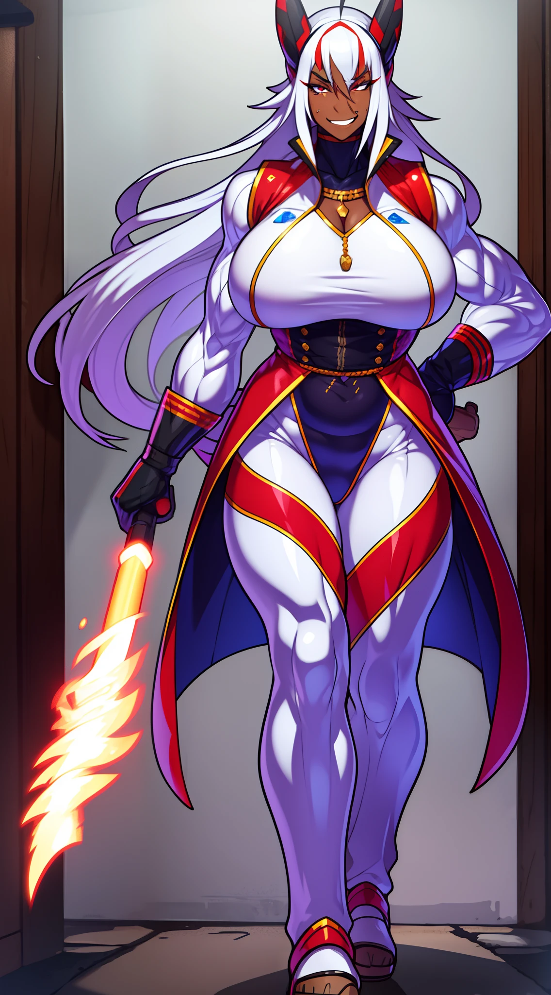 muscle girl,huge breast,, tall female, ,pants, solo focus, 1character, portrait full body,dark skinned female, , vest, coat, walking, medieval clothing, long hair, ,, open mouth smile, revealing cloths, , , berserker, warrior,, full body, walking,, ,flipflops, red eyes, sentai heroine, white bodysuit, silver hair