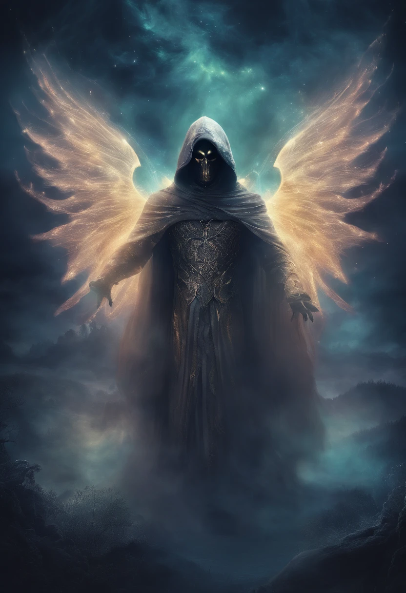 A beautiful high-fantasy portrait of a hooded celestial man with luminous, glowing, spectral wings coming out of its back. He is surrounded by dark necrotic clouds, fog and mist. Eldritch energy surrounds his hands.