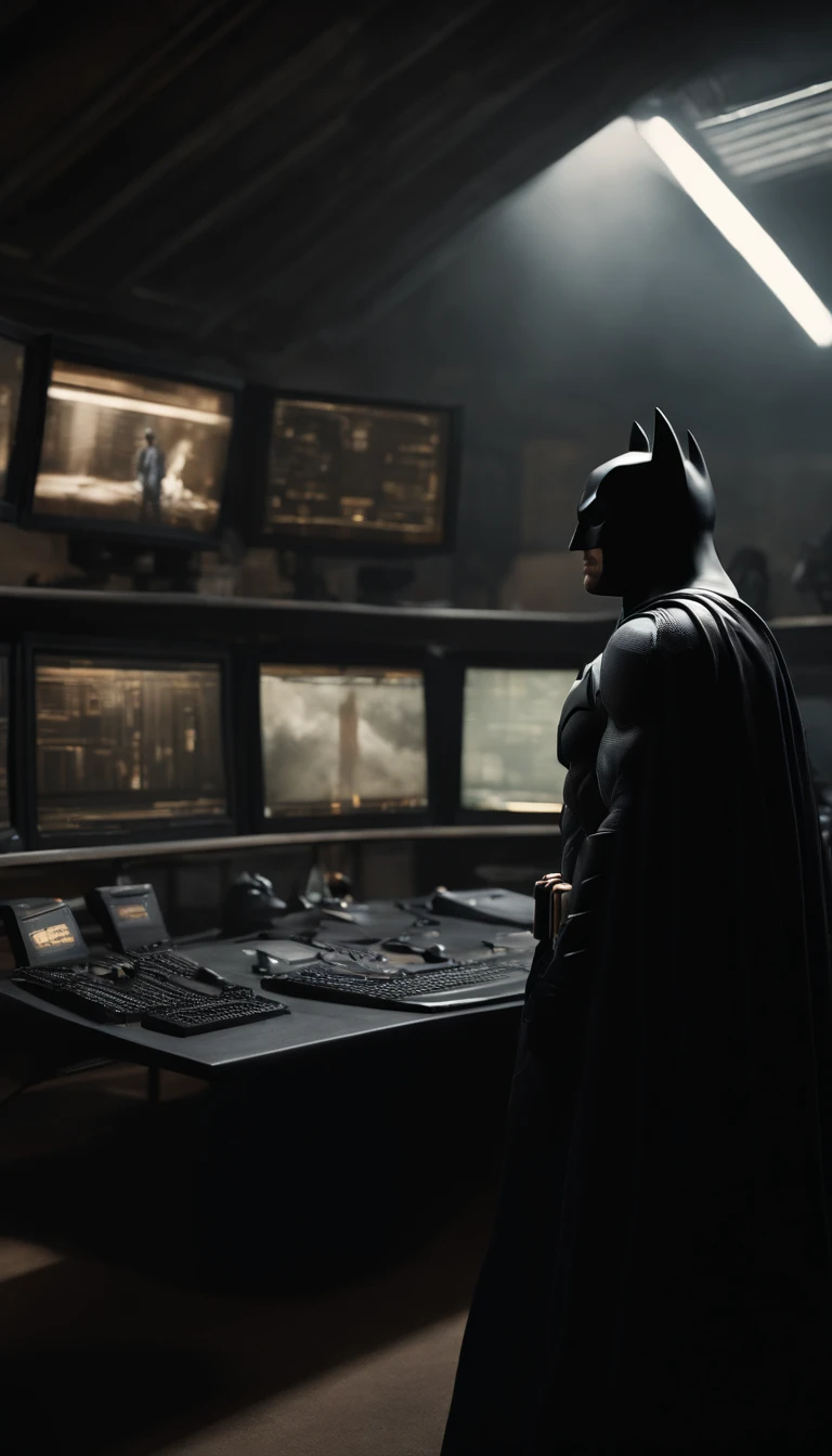 Batman in a dark room with multiple monitors and a desk - SeaArt AI