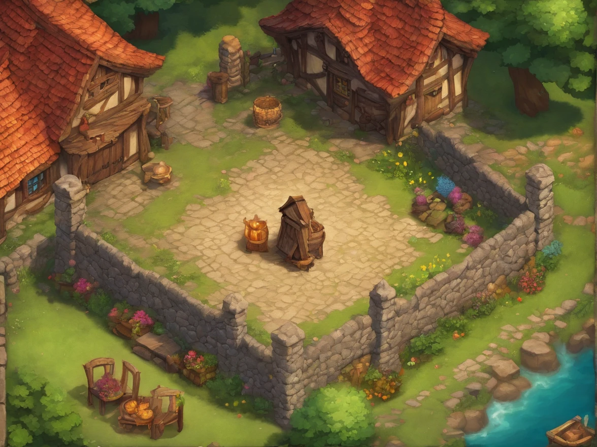 Bird's Eye Straight Top-Down Shot from a Drone, Bright Breakfast Tavern Battle Map, Dungeon and Dragon, Final Fantasy, game art, (Coherent architecture and interior, With realistic proportions and textures, Intricate details, handdraw, Vibrant, Cinematic lighting, masutepiece, 8K)