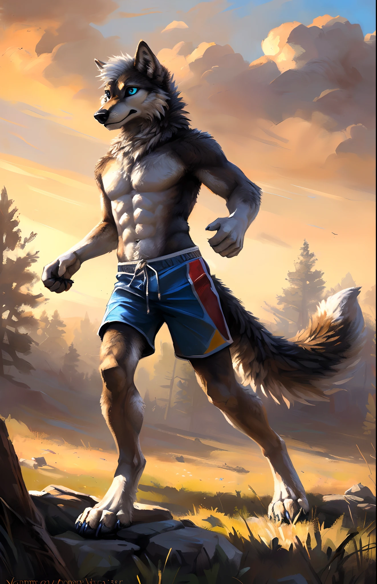 ((Solo)), male people, anthro wolf, (Multi-colored fur, White-brown:1.3,White tail pointed), (Height 2.3 meters,Tail length 1.2m), ((Wolf face, White hair, Big eyes, White eyelids, Blue pupil, Slim:1.2) (Tough, Calm expression:1.2)), Abs, Slim, pinging)), (Correct anatomy), (Work shorts:1.1), The upper body is naked, (detailed outfits),A long big tail,Feet,(Realistic fur, Detailed fur texture, labeled:1.3)), (Natural lighting), Photorealistic, Hyperrealistic, ultradetailed, by Kenket,Endless grasslands,There are no trees,There are no big stones,No artificiality,erect through,Running on