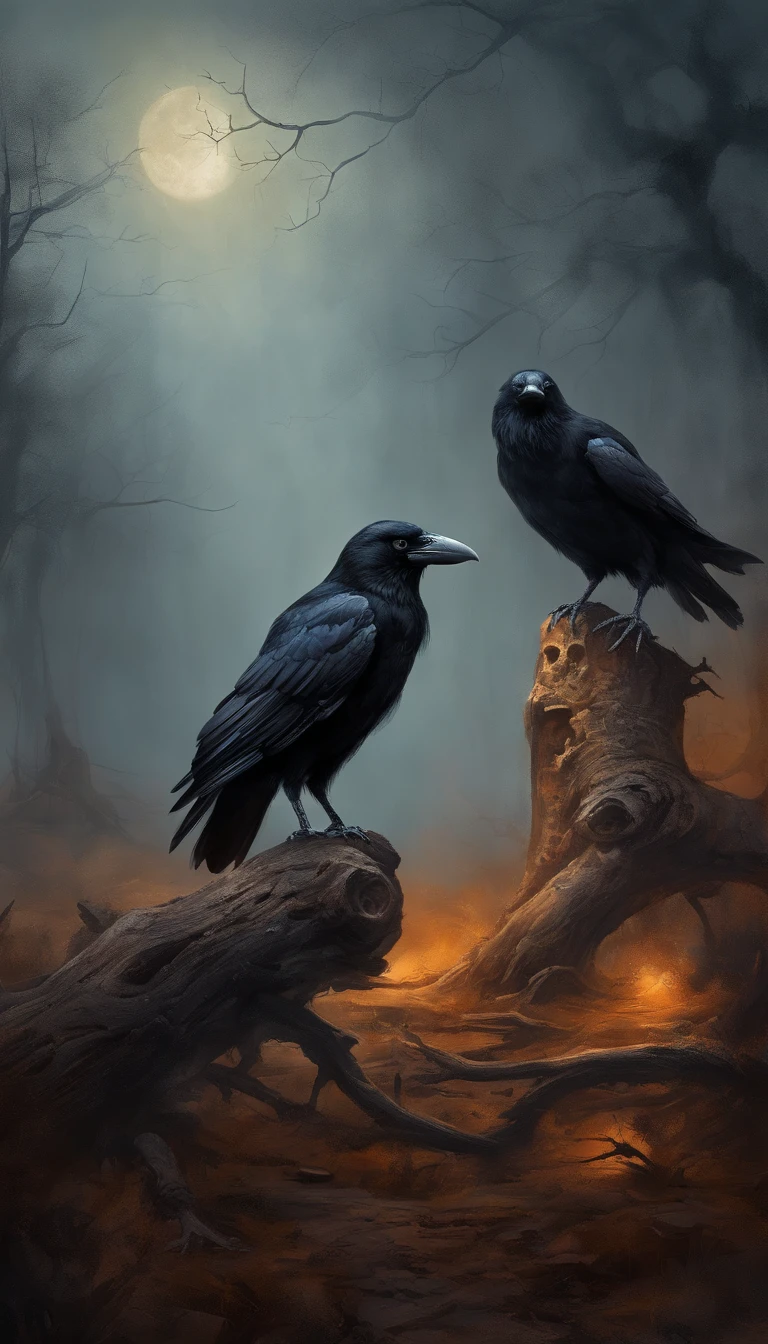 Two crows on a dead tree, Shadows shaped like walkers, Starry Night, thick fog on the ground, Blue light on the horizon, unreal enginee 5, Cinematic, low angle photo, Motion Blur, depth of fields, Dust, Cobblestones and soil. Splash Art, Drip paint. Perfect color grading. Influence of Karel Appel and Jeremy Mann, Lots of dramatic and threatening scenes, ultra-detailliert, Beautiful, insanely detaileda, Intricate details, Editorial Photography, Shot with a 50mm lens, depth of fields, Tilt Blur, Shutter Speed 1/1000, F/22. Lightmaps, Super bright