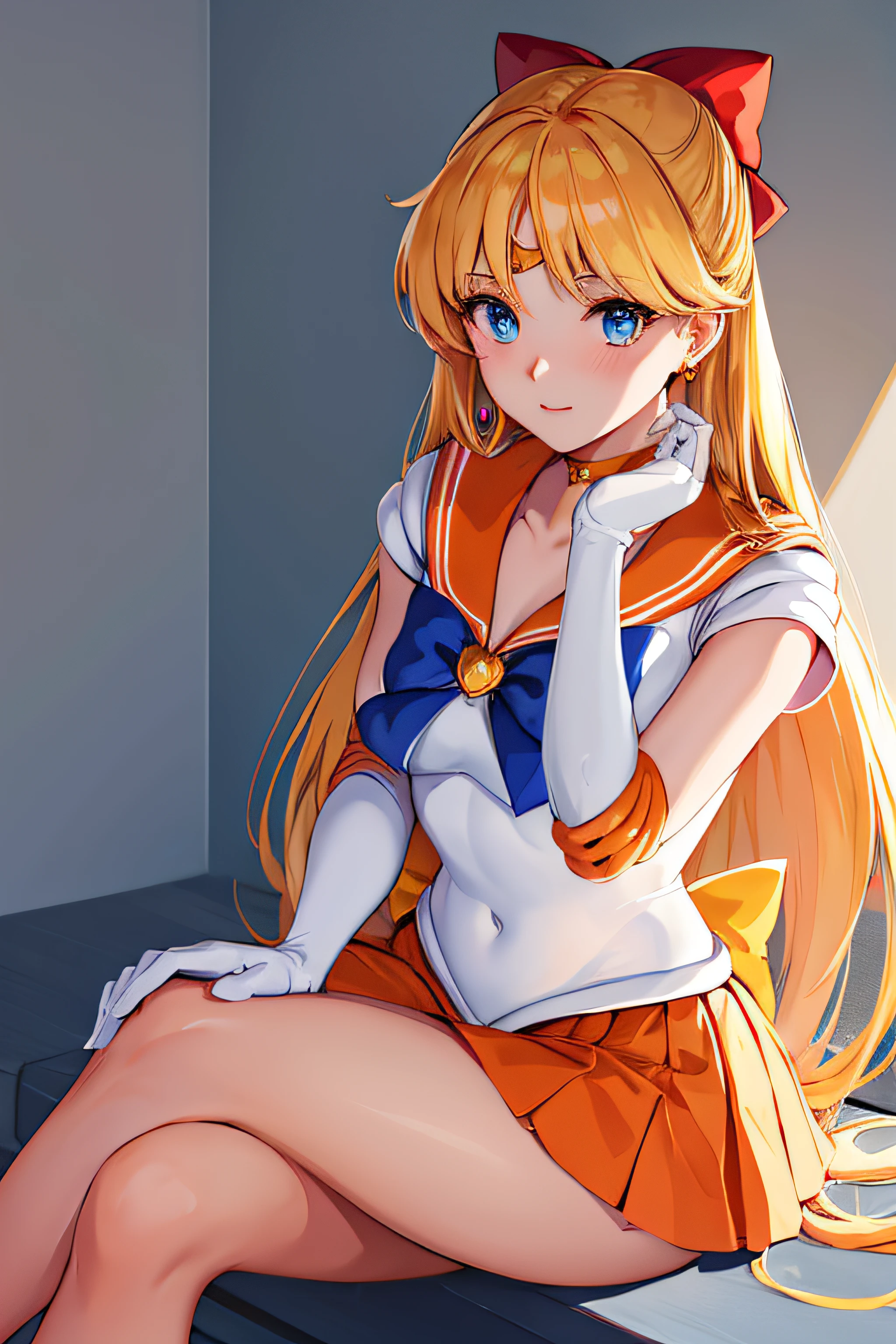 masterpiece, best quality, highres, venus1, 1girl, solo, sailor senshi uniform, sailor venus, aino minako, blonde hair, magical girl, blue eyes, orange skirt, elbow gloves, tiara, pleated skirt, hair bow, orange sailor collar, miniskirt, choker, red bow, orange choker, white gloves, very long hair, jewelry, earrings, sitting, crossed legs,