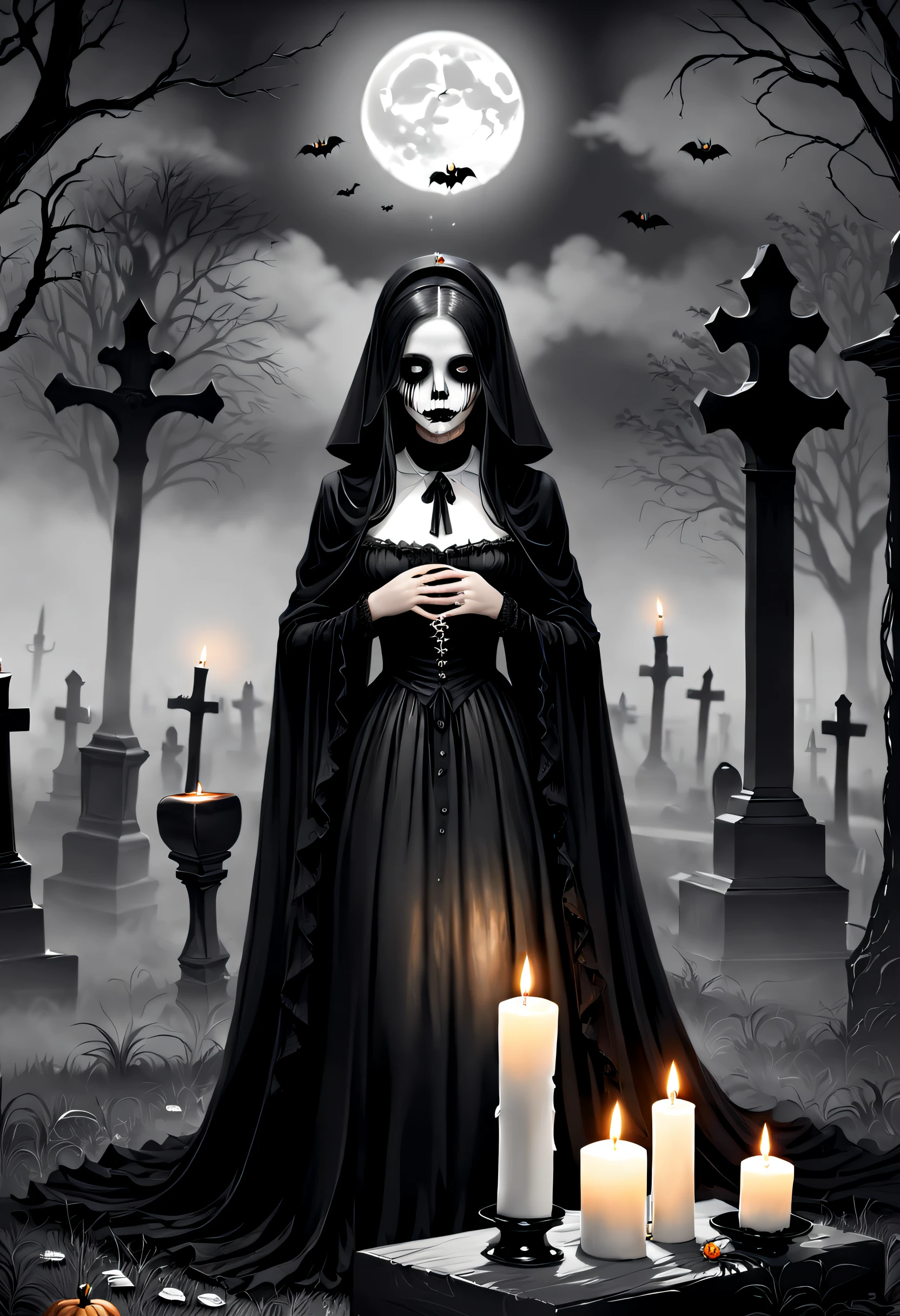 (Best quality,A high resolution,Masterpiece:1.2),(Black and white:1.1),(Halloween:1.1),1 candle，silence，devout，Mourning,sorrowful,Reminisce about the past,(Funeral costumes,Black mourning dress),Funeral，The composition is simple and reasonable