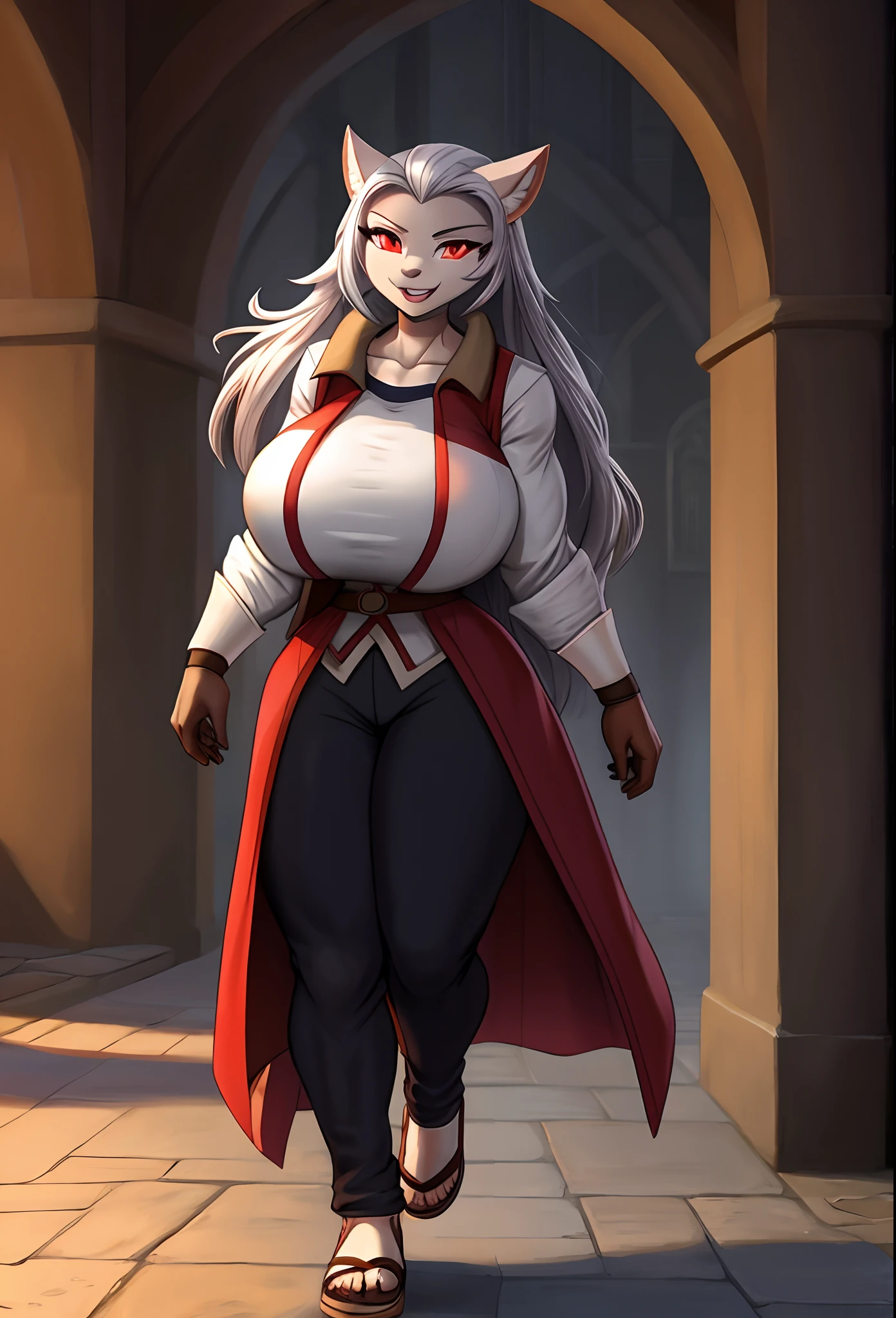 muscle girl,huge breast,, tall female, ,pants, solo focus, 1character, portrait full body,dark skinned female, , vest, coat, walking, medieval clothing, long hair, ,, open mouth smile, revealing cloths, , , berserker, warrior,, full body, walking,, ,flipflops, red eyes, sentai heroine, white bodysuit, silver hair