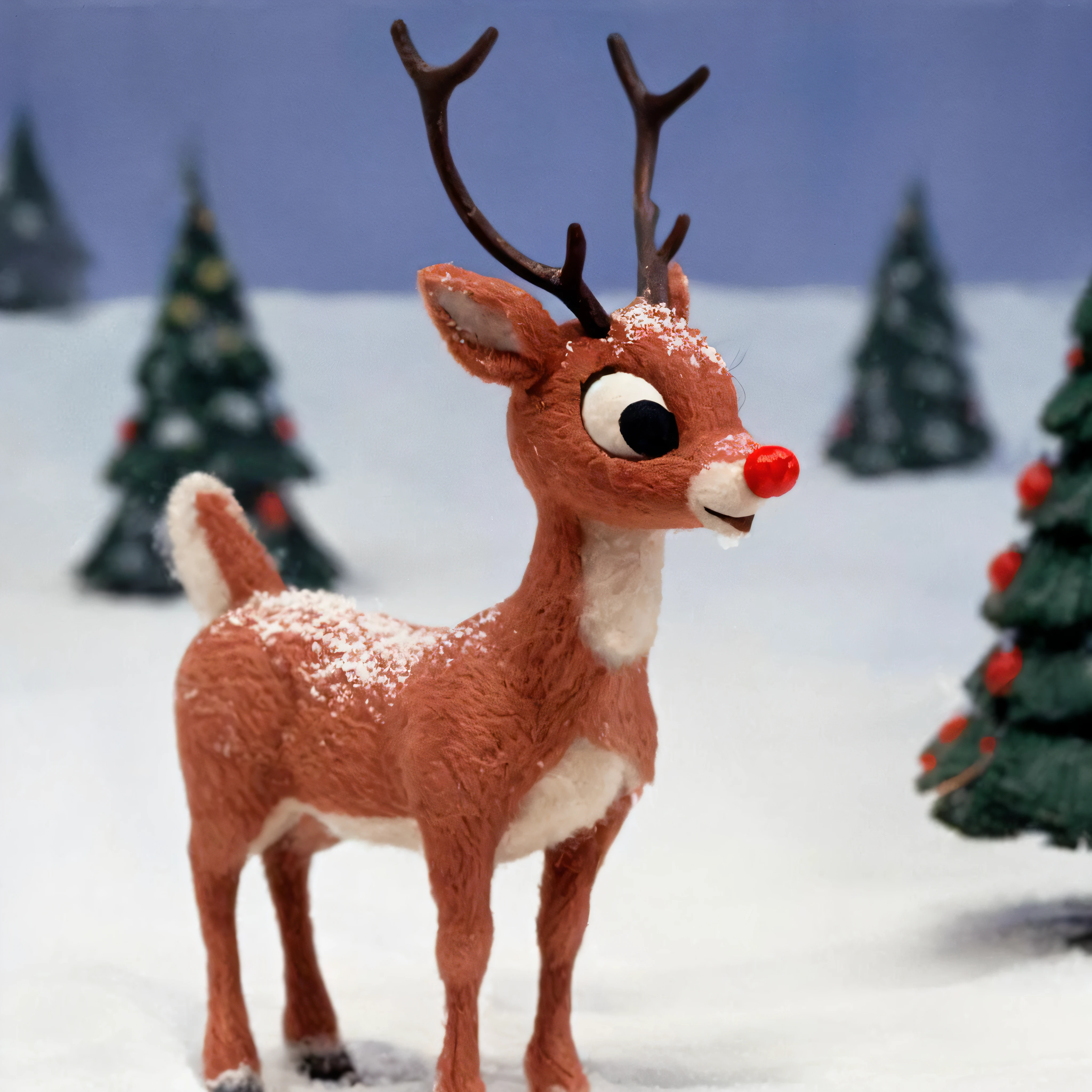 rudolf the red nose reindeer caught in a snowstorm, trees in the background, RTRNR
