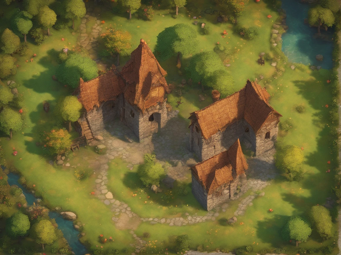 Bird's Eye Straight Top-Down Shot from a Drone, Battle map in the kingdom, game art, (Coherent architecture and interior, With realistic proportions and textures, Intricate details, handdraw, Vibrant, Cinematic lighting, masutepiece, 8K)