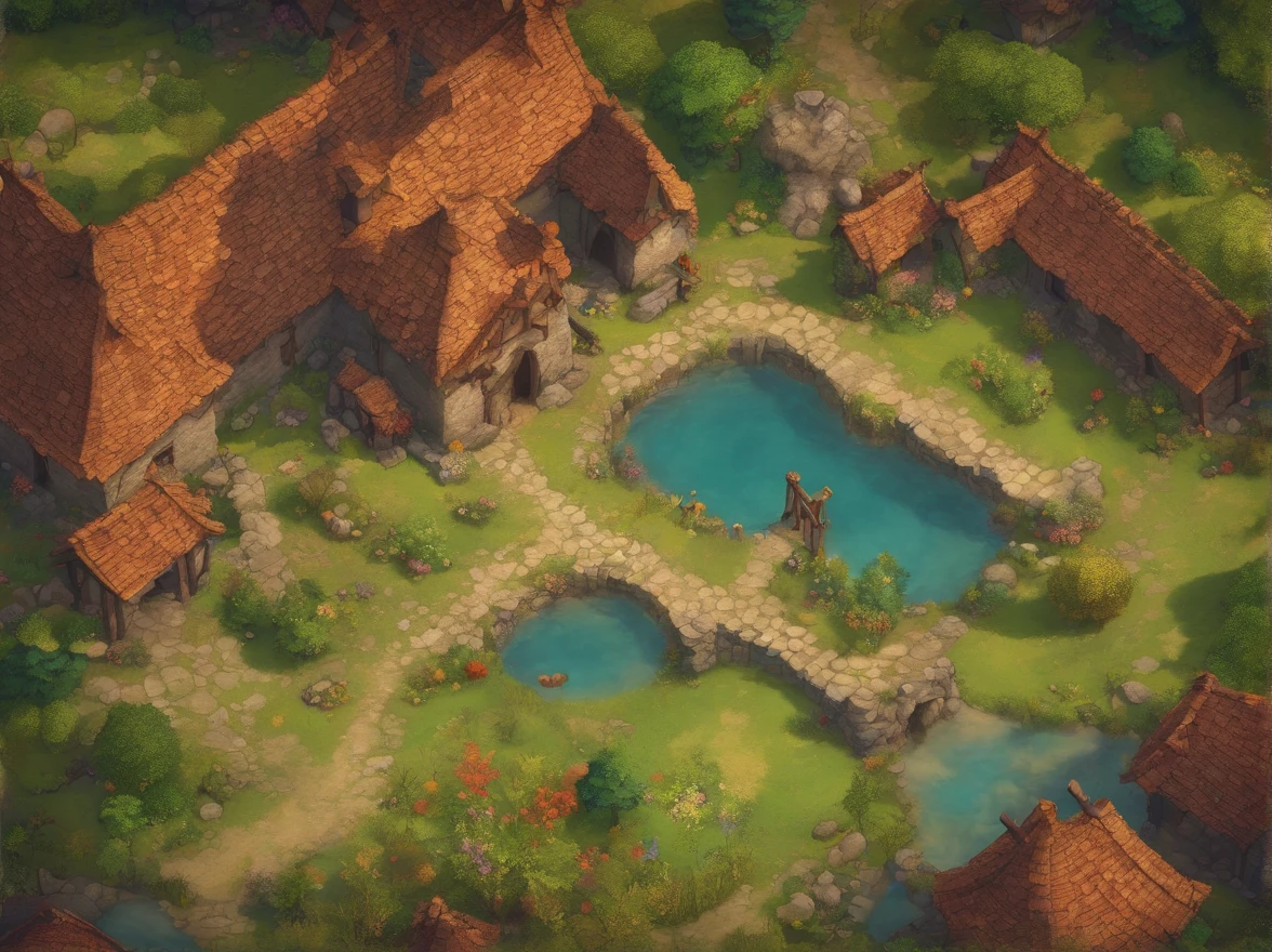 Bird's Eye Straight Top-Down Shot from a Drone, Battle map in the kingdom, game art, (Coherent architecture and interior, With realistic proportions and textures, Intricate details, handdraw, Vibrant, Cinematic lighting, masutepiece, 8K)