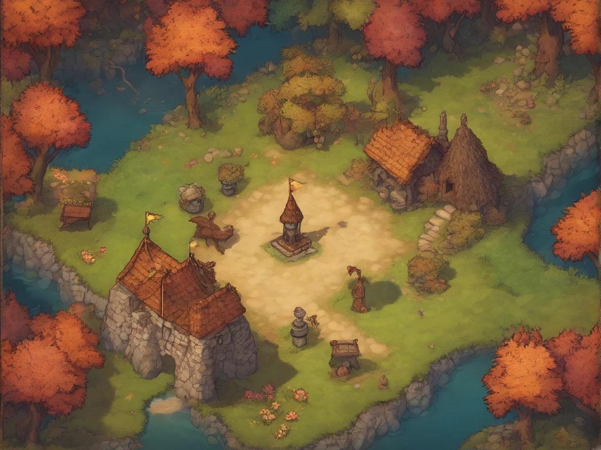 Bird's Eye Straight Top-Down Shot from a Drone, Battle map in the kingdom, game art, (Coherent architecture and interior, With realistic proportions and textures, Intricate details, handdraw, Vibrant, Cinematic lighting, masutepiece, 8K)