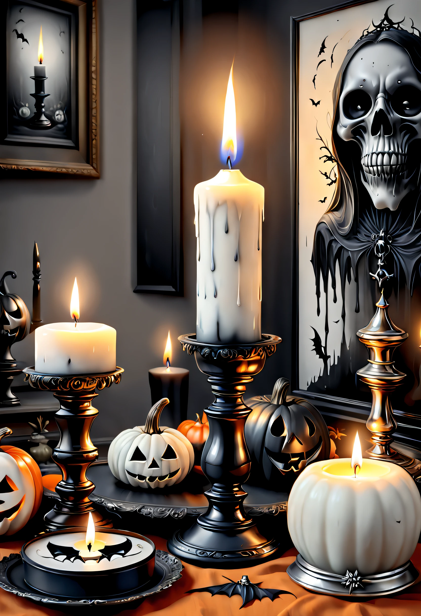 (Best quality,4K,8K,A high resolution,Masterpiece:1.2),Ultra-detailed,(Realistic,Photorealistic,photo-realistic:1.37),Black and white painting,A candle in the center of the picture,Halloween elements,Mourning,sadness,faded memories,Funeral, waxy candles,memorial,The composition is simple and reasonable