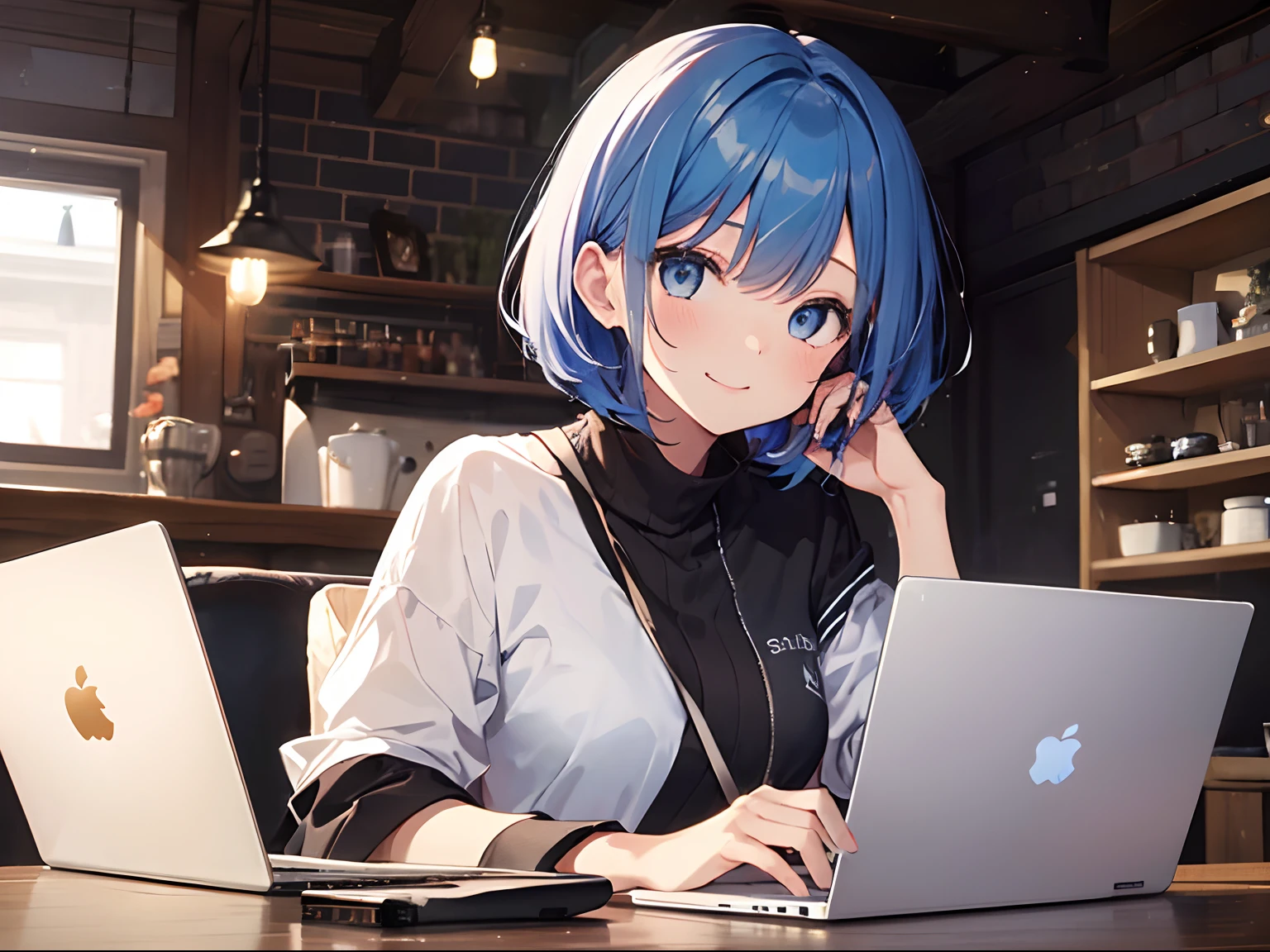 (1girl in),(beautiful eyes finely detailed、Face to detail、masterpiece sidelighting、masterpiece、top-quality、detaileds、High resolution illustration), Woman using laptop in fashionable open café、18year old、Pupils、Everyday clothes、A smile、frontage、The upper part of the body、Blue hair、Short bob hair、The upper part of the body、