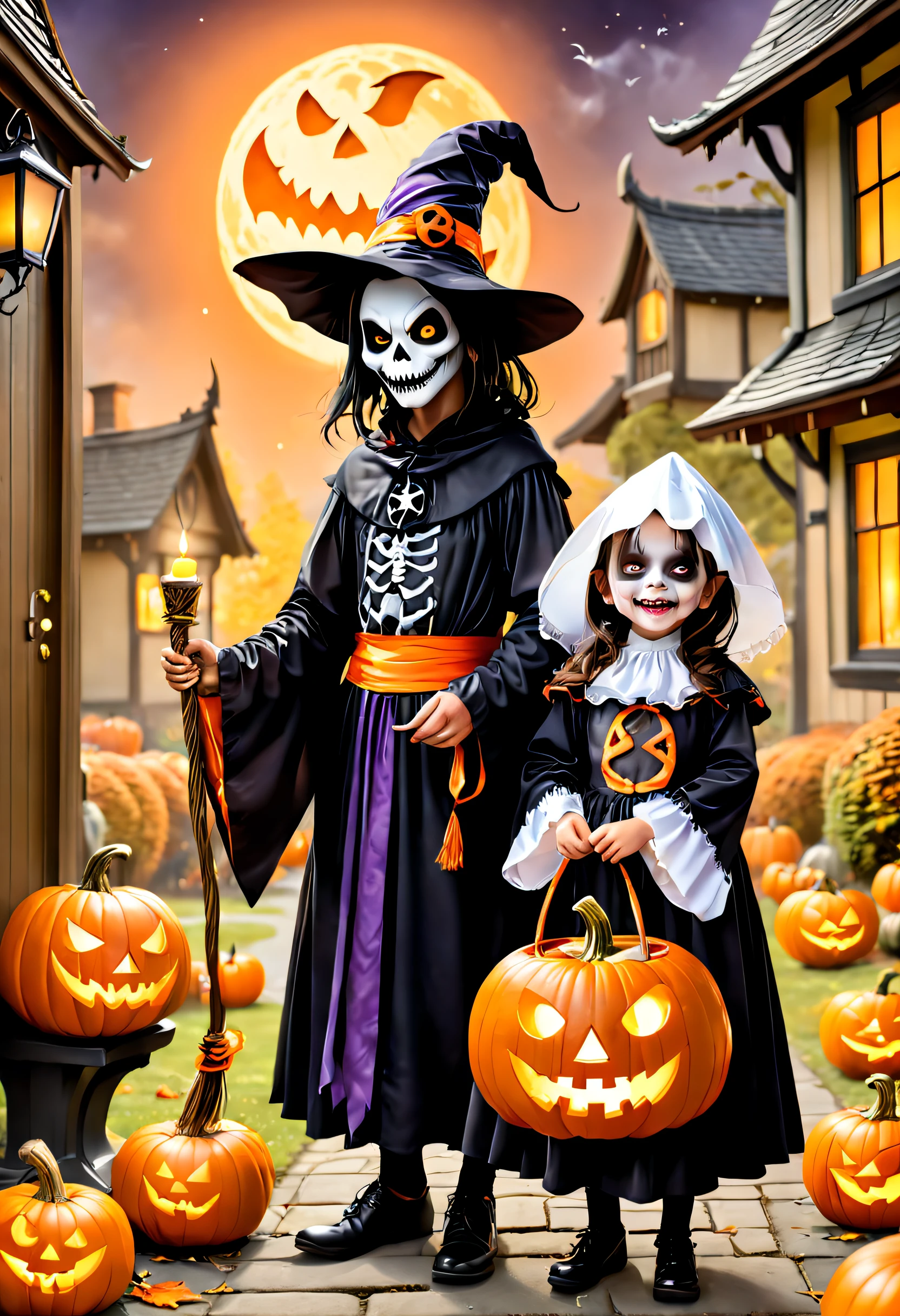 A family of four dressed in Halloween costumes, including a woman dressed as a devil, a girl dressed as a witch, a boy with black face paint and a man with face paint and a pumpkin accessory all of them happy,full bodies