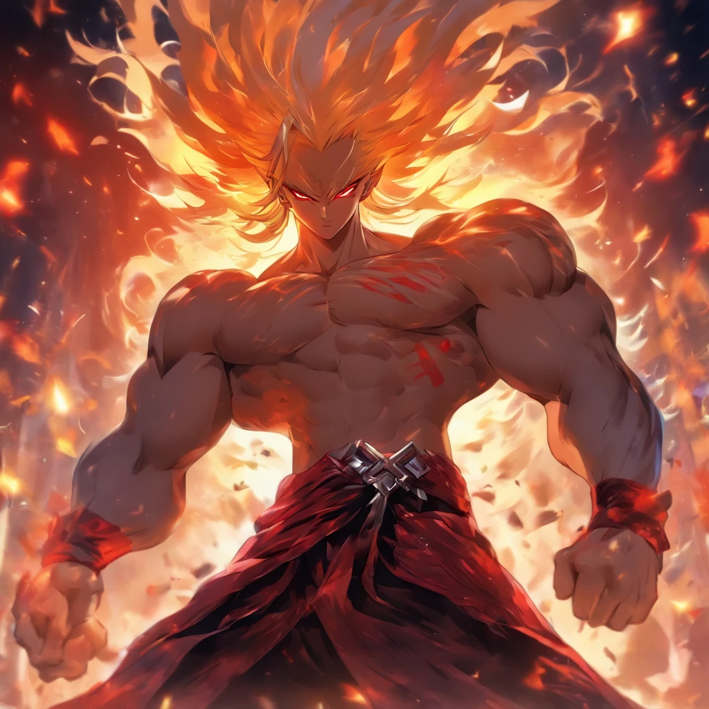 a male anime character with white hair and red eyes, character album cover, full art, antasy character, full art illustration, full portrait of elementalist, character profile art, official character art, official character illustration, merlin, high detailed official artwork, game key art, omoide emanon, oz, mobile game art, fangs, smurk, white hair, no shirt, muscular body, walking pose, white clothes.
