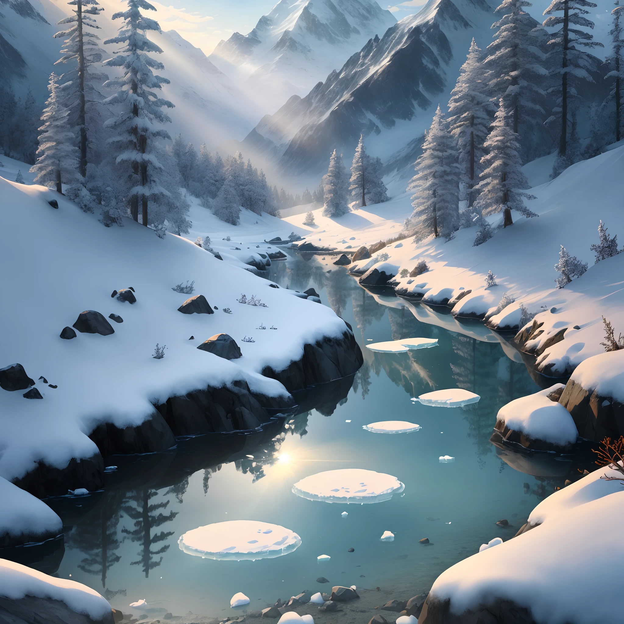 Peak of a. Snowy mountain morning time cinematic sunlight bright and warm sunrays crystal clear blue coloured fresh shallow and gently flowing stream from the peak ice melting very shallow stream originated from The top of the peak voilet coloured mosses growing around ultra hd 8k quality hyper realistic masterpiece game graphics