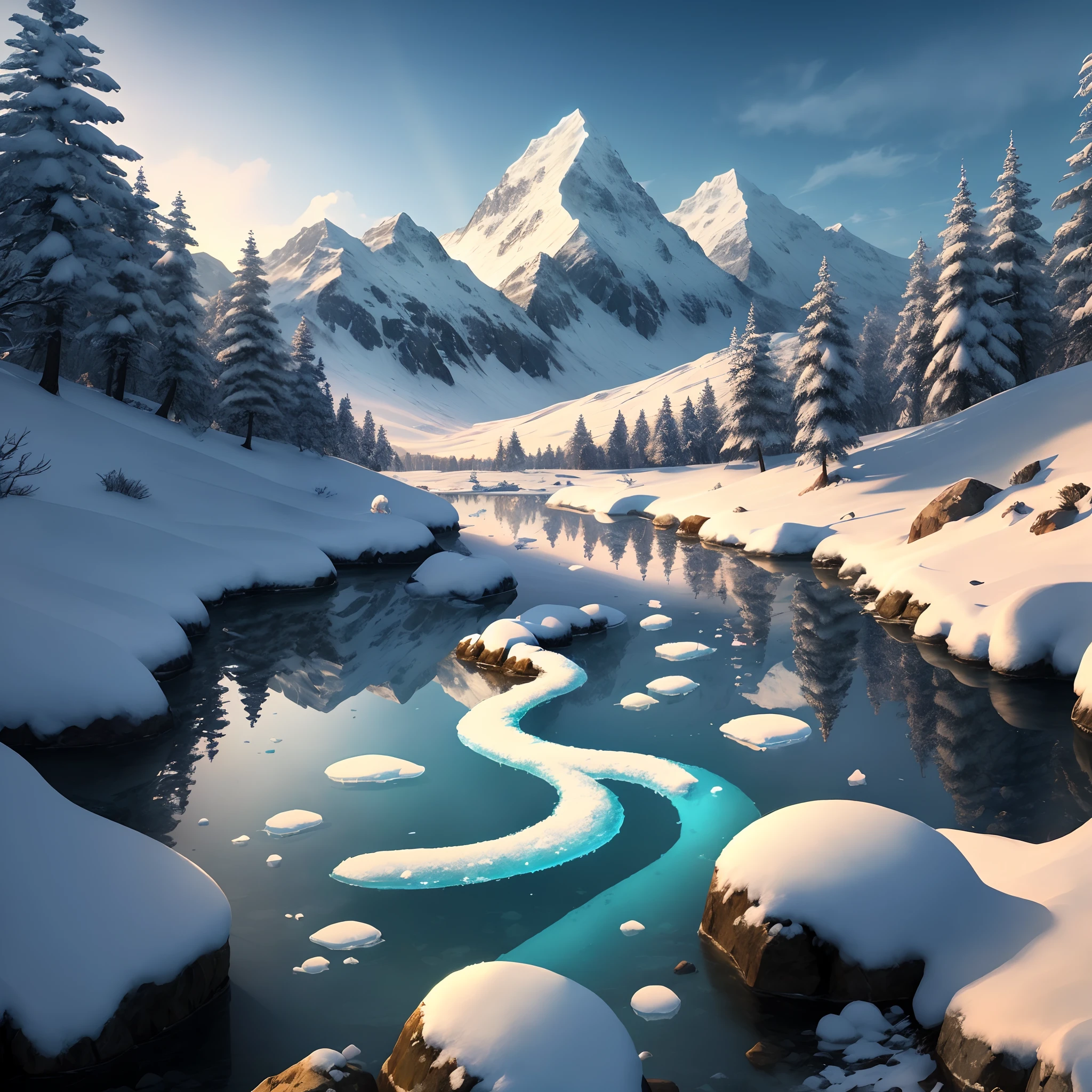 Peak of a. Snowy mountain morning time cinematic sunlight bright and warm sunrays crystal clear blue coloured fresh shallow and gently flowing stream from the peak ice melting very shallow stream originated from The top of the peak voilet coloured mosses growing around ultra hd 8k quality hyper realistic masterpiece game graphics