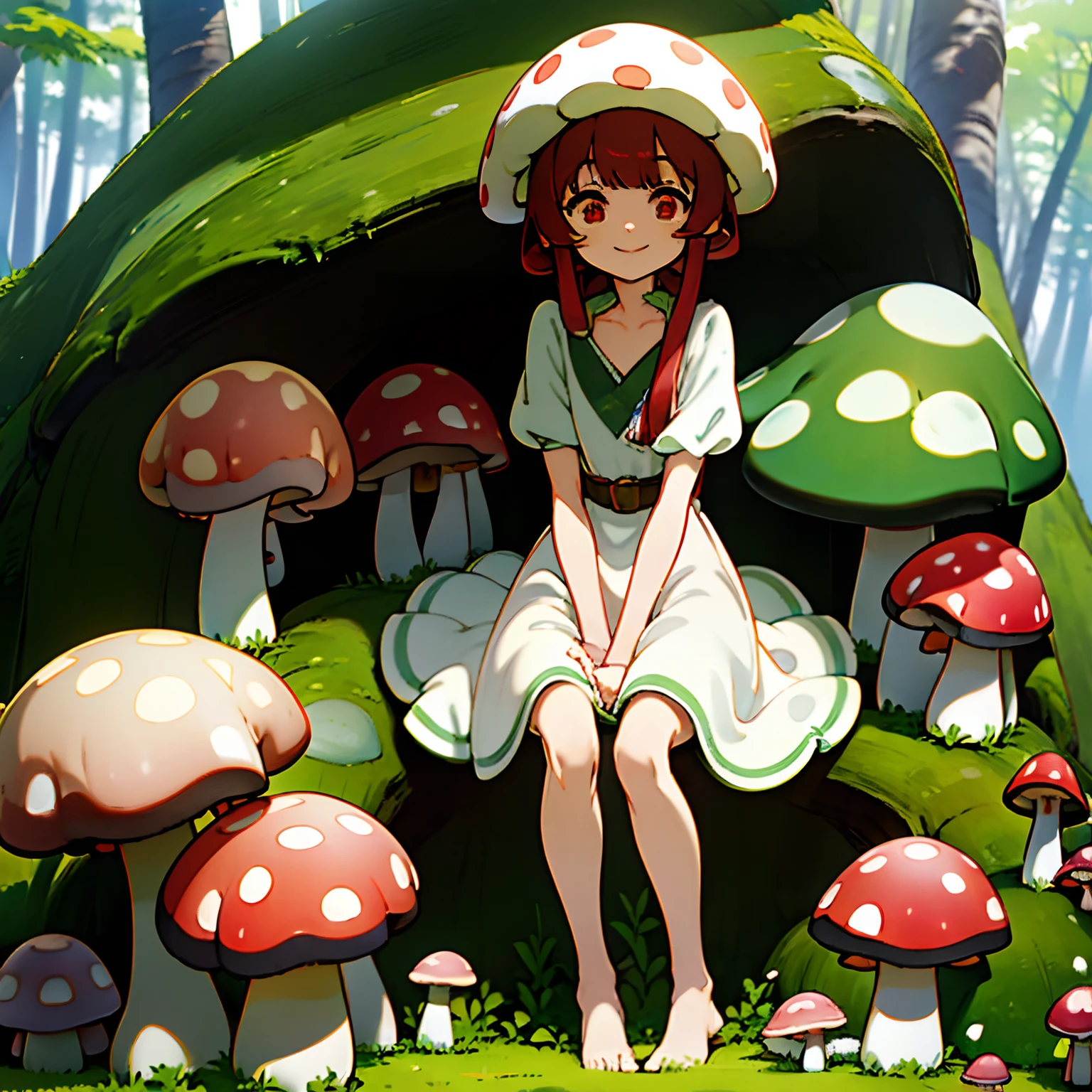 ((Masterpiece, solo, bright lighting, bright colors)), loli anime girl sitting on grass, ((moss, mushrooms, toadstools)), trees, forest background, overgrown, log, moss on log, tree canopy, sunlight through trees, ((barefoot, small chest, white skin, mushroom girl, red hair, mushroom hair, mushroom head, spots in hair, long arms, red eyes, smiling, moss clothing, plant clothing, red with white spotted mushrooms)), floating dust