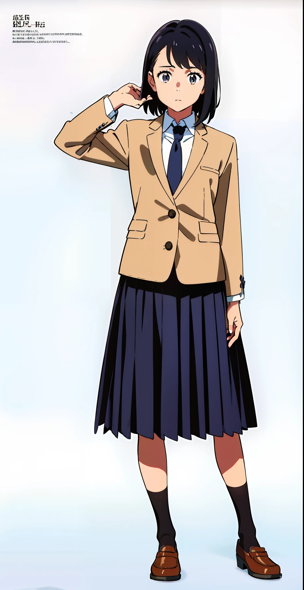 (raise arm:1.0), (white background:1.1), (best quality:1.1), (masterpiece:1.1), (full body:1.0), (solo:1.0), (a 18yo cute girl:1.0), (long skirt:0.9), (dark blue skirt:1.0), (pleated skirt:1.0), (school uniform beige blazer:1.0), (dark blue necktie:1.0), (black socks:1.0), (loafers:1.0), (lanky:1.1), (tall:1.1), (slender:1.1), (small breasts:1.1), (detailed beautiful eyes:1.0), (detailed beautiful face:1.0), (glowing black eyes:1.0), (short hair:1.0), (strait hair:1.0), (black hair:1.0)