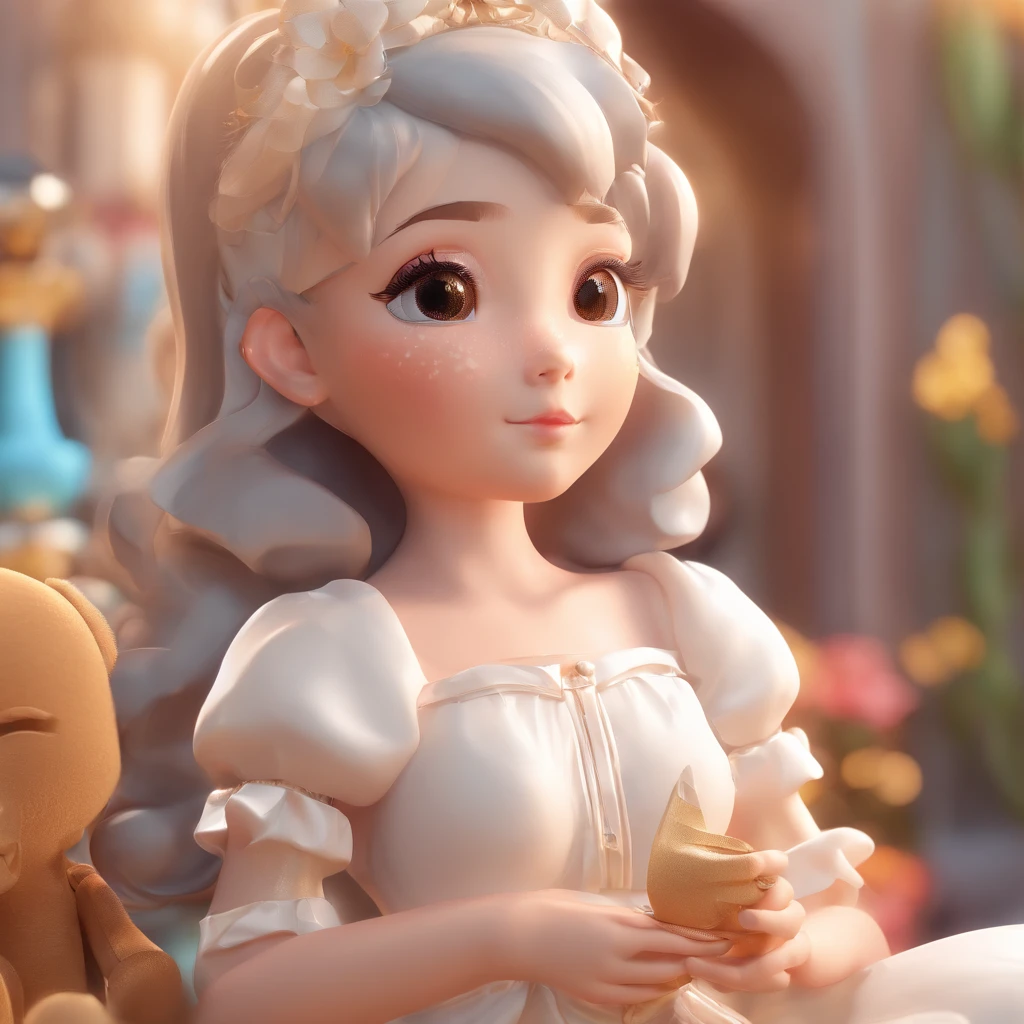 super cute girl IP by pop mart, Bright eyes, cherub,Little white dress, Clay, Models, a blind box toy, Glossy and delicate,Clean background, Good gloss, 3D rendering of,Best quality