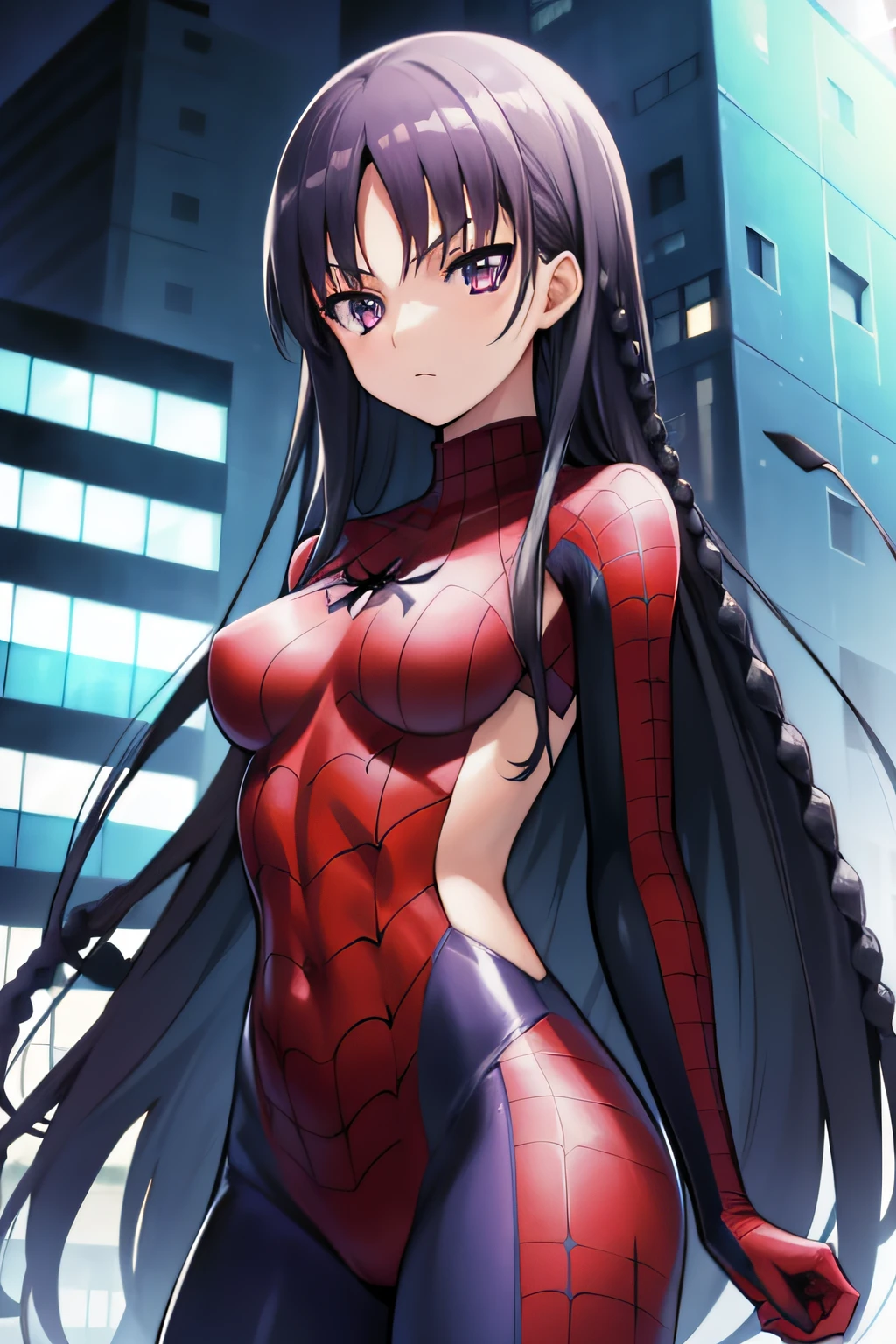 suzunehorikita, suzune horikita, black hair, braid, long hair, (purple eyes:1.1), in spiderman suit, in the city, best quality, high resolution, unity 8k wallpaper