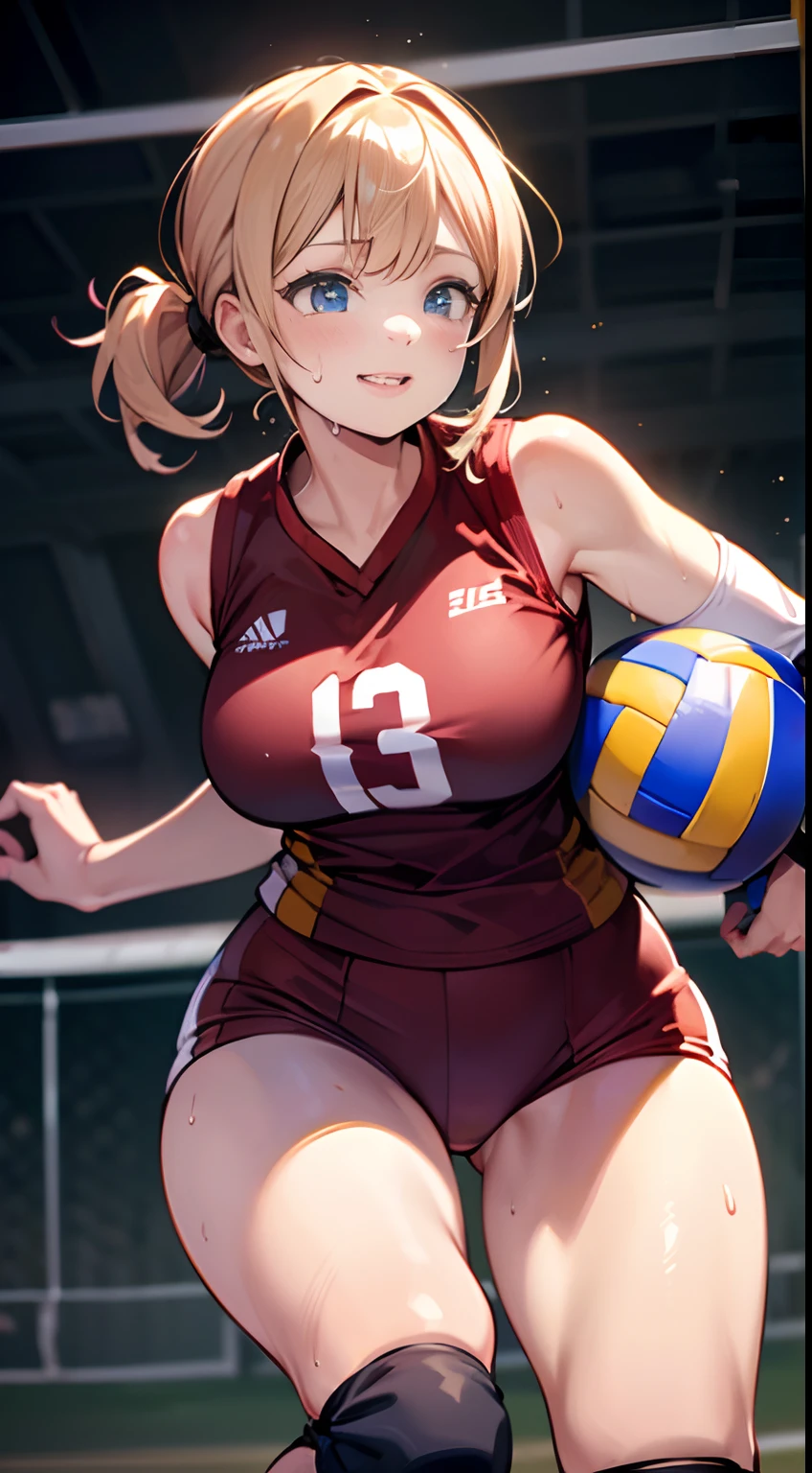 UHD, anatomically correct, 8k, (((masterpiece))), (((best quality))), (((ultra detailed))), (((high-resolution))), ((super fine illustration)), ((Ultimate cutie)), detailed beautiful face, solo, ((gyaru)), potbelly, ((curvy)), shiny hair, happy, smile, (blush),
BREAK, (((buruma))), ((sleeveless volleyball uniform)), ((elbow pad)), ((kneepad)), buruma, buruma,
BREAK, (((dig the Dirty spherical shape 6-inch volleyball))), ((sweat)), (perspired), (heavy breathing), sense of depth, in gymnasium, lighting, looking at viewers, (dynamic angle)