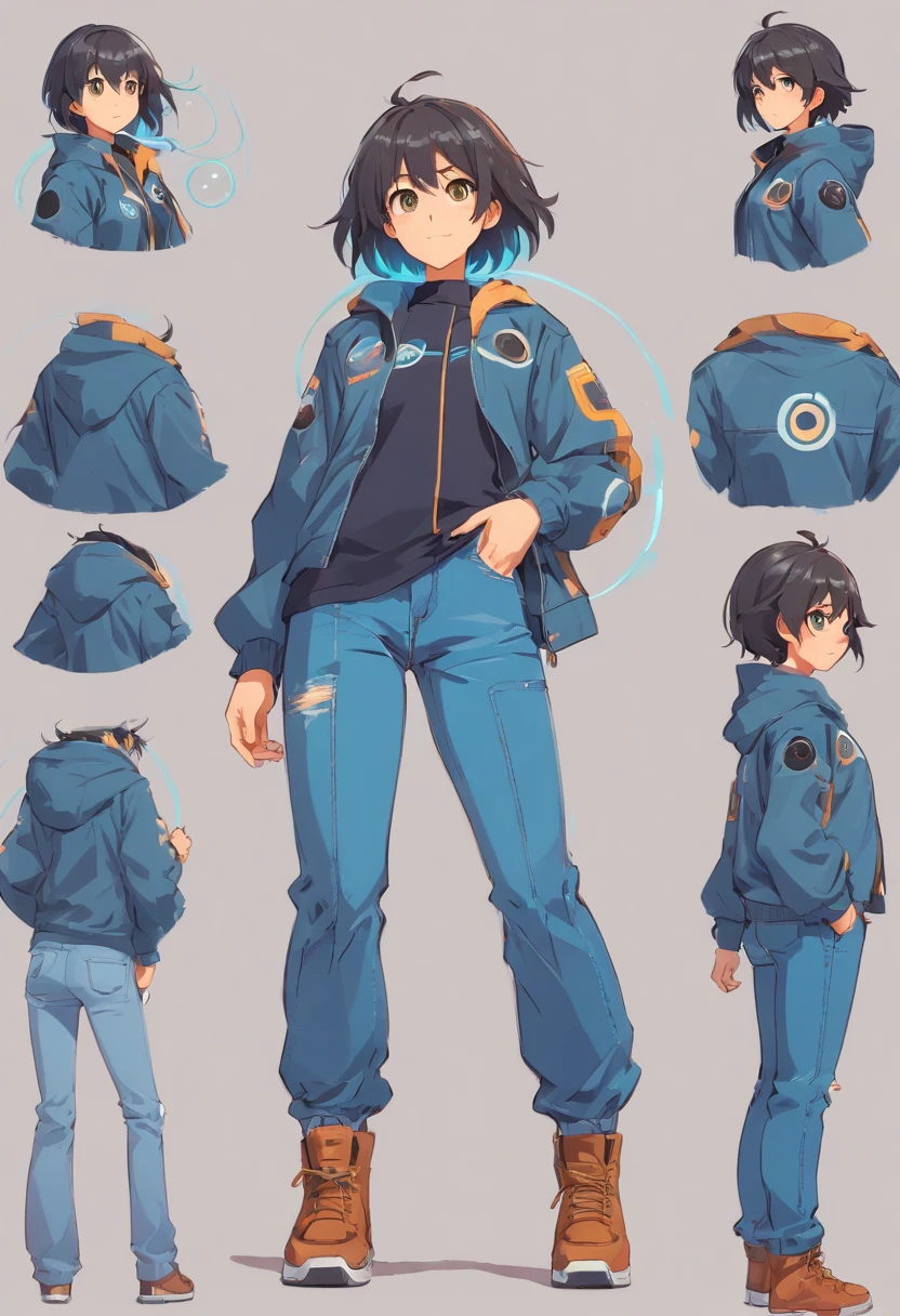 Charcter sheet , sprite sheet , in front view, right view, Mask with circles for eyes, jacket, jeans