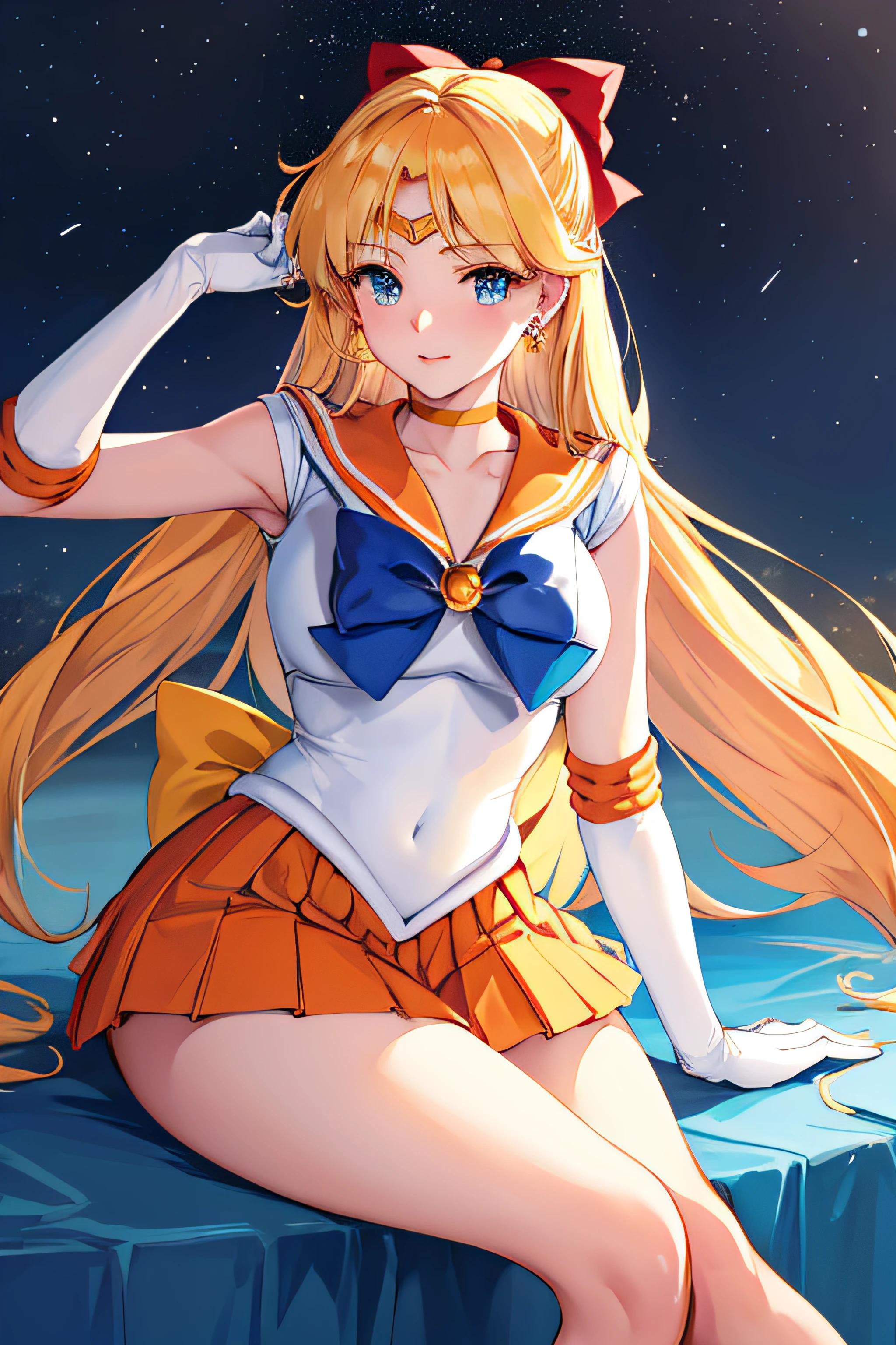 Masterpiece, Best Quality, High Resolution, Venus1, 1Girl, Solo, Sailor Warrior Uniform, Sailor Venus, Minako Aino, Blonde, Magical Girl, Blue Eyes, Orange Skirt, Elbow Gloves, Headgear, Pleated Skirt, Bow, Orange Sailor Collar, Miniskirt, Choker, Red Bow, Orange Choker, White Gloves, Extra Long Hair, Jewelry, Earrings, Cowboy Gun, Background Blur, Background Light, (((85mm Lens))), Facing the Camera, Gentle Expression, Wind blows hair, hair (black), pose,(A superb exquisite Sailor Venus), (Sailor Venus:1.5), (aino minako), (Sailor Senshi Uniform), (red ribon), blue eyes, Yellow hair, natural straight hair, straight bangs, solo, nature, extremely delicate, straight facial features, peerless beautiful girl, soft, (sensual face), ((ecchi face)), dreamy quality, exaggerated facial features, solid color, frank holly, delicate face, bright lips, slender waist, soft curves, real light and shadow, super fine, 4k, natural moving, Ultra high resolution, (masterpiece:1.2, best quality), (finely detailed beautiful eyes: 1.2), (beautiful detailed face), sexy nude model, sexy pose, (midium chest), (Perfect Body Proportions), (bedroom), Mekosuji, Spread your legs a little and show off your crotch,