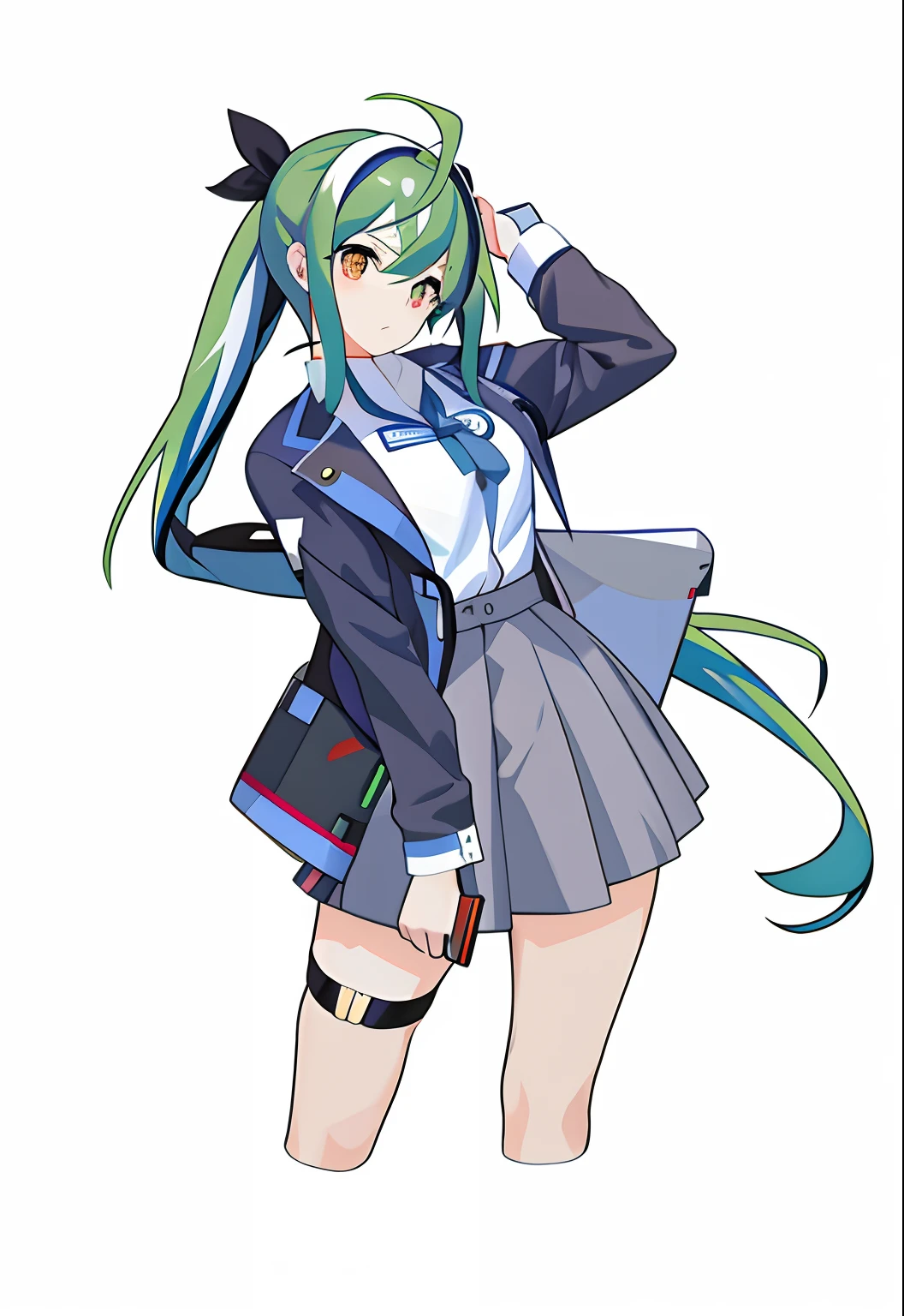 anime girl in a school uniform posing for a picture, Anime moe art style, Kantai collection style, official character art, Anime girl with green hair, Black pick dye，long whitr hair，Tie a ponytail, Beautiful Anime High School Girls, Marin Kitagawa fanart, zerochan art, 《Ghost Wind Special Assault Team》The art of pixels, rei hiroe, The black butterfly ends with a headband，Jujube red pupils