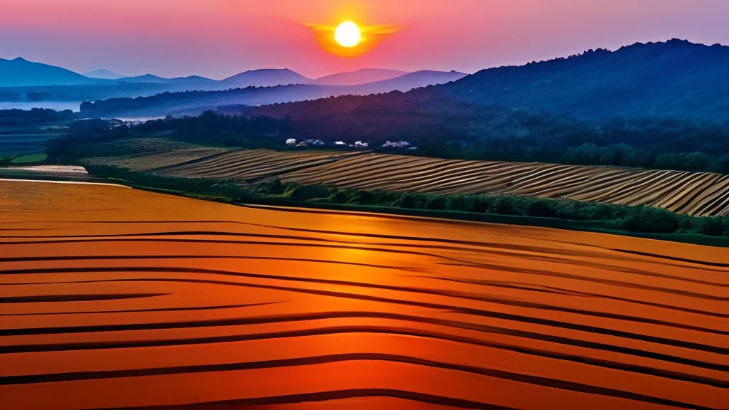 Idyllic,Rustic,the setting sun,bird's eyes view,4k画质