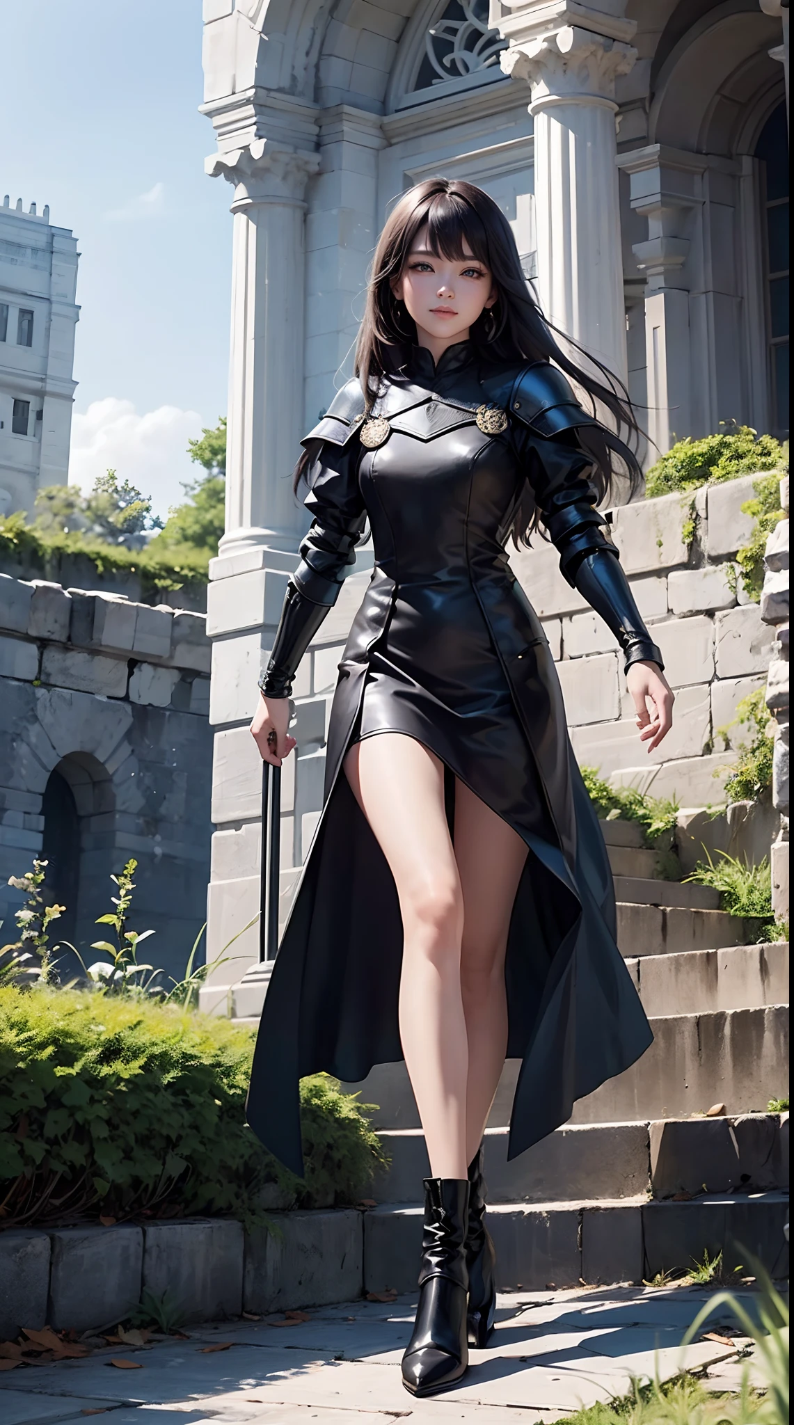 Pretty women、20yr old、a woman in armor、Solo、Ukrainian women、Looking at the camera、Black Dress Armor、high heels boots、Full body portrait、Woman knight、Slender body、robe、Perfect face and nice perfect face、Surreal concept、8K分辨率、photographic quality、Walk through the ruins、Photorealistic、A detailed eye、Smile、of the highest quality、