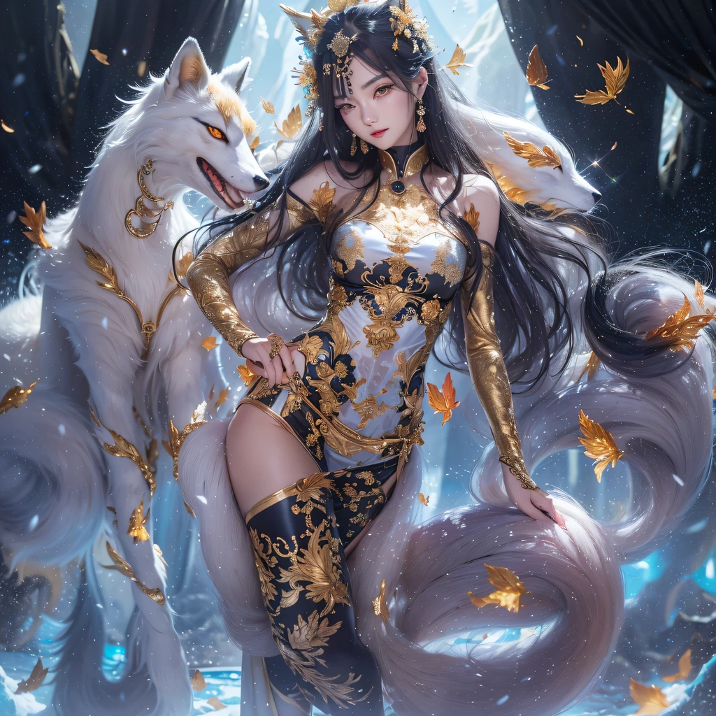 Flying Nine-Tailed Light Blue Sky Division Flame Long-haired Fox Star,een Erotica,Torch night black golden orange brocade silk snake print silk pants,Rouge diamond tulle sheer lizard-patterned leggings,Fat Girl Space Fly in the Snow 1:900 miniatures,Front view,Pure transparency,Wear boxing gloves,Wear thick-framed reflective sunglasses with gold wire,Panorama ultra-wide angle,extremely happy,The texture of the real person is delicate,Strong visual impact,hyper-detailing,Dream girl,Refined face,prettyeyes,Hair strands float in the air, cherry Models,Zhou Xiaotong,crystal-clear,Good sense of perspective,Light and shadow effects,16K smooth,Surface reflected light,Flowing black hair,Water Goddess 32K,复杂,ellegance,highly detailed,A majestic,Digital photography,Autumn cowboy shot,surrealism painting,Broken rubies,Beating magic,Entwined water magic,(tmasterpiece,Cinematic light,Fine beautiful eyes:1.2),hdr,Void 5 Energy Storm,(China 1 girl,Black eyes:1.5),Rouge skin,Glowing skin,(sitting on the stone:1.5),delicated face,Black color hair,Put on palatial gold armor,cropped shoulders,,short skirt,Beautiful golden armor,Rained,big breasts beautiful,looking at viewert,Face away from the camera,tmasterpiece,Lateral face,Side portrait close-up