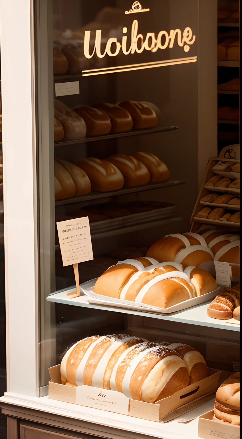 Create a Honeymoon Bread in a Bakery, In a shop window, only one loaf of bread is FEATURED