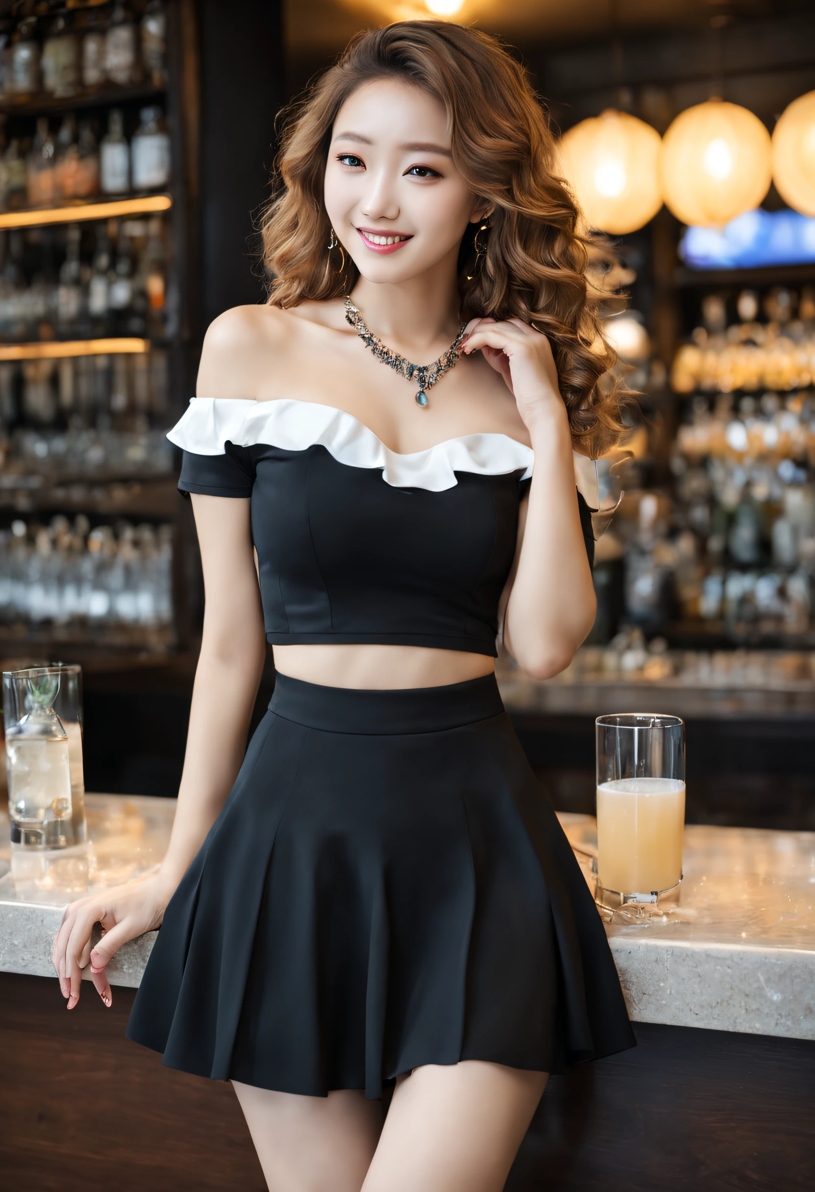 A superb exquisite real beautiful girl, golden long curly hair, extremely exquisite facial features, peerless beautiful girl, collarbone off-the-shoulder, white crop top shirt, black JK skirt, exposed legs, sweet smile, soft, dreamy quality, light white and dark brown, exaggerated facial features, solid color, frank off-white, surreal, blue gemstone necklace, ultra-clear, beautiful young girl, cute and lively, super short leggings, background at the bar counter
